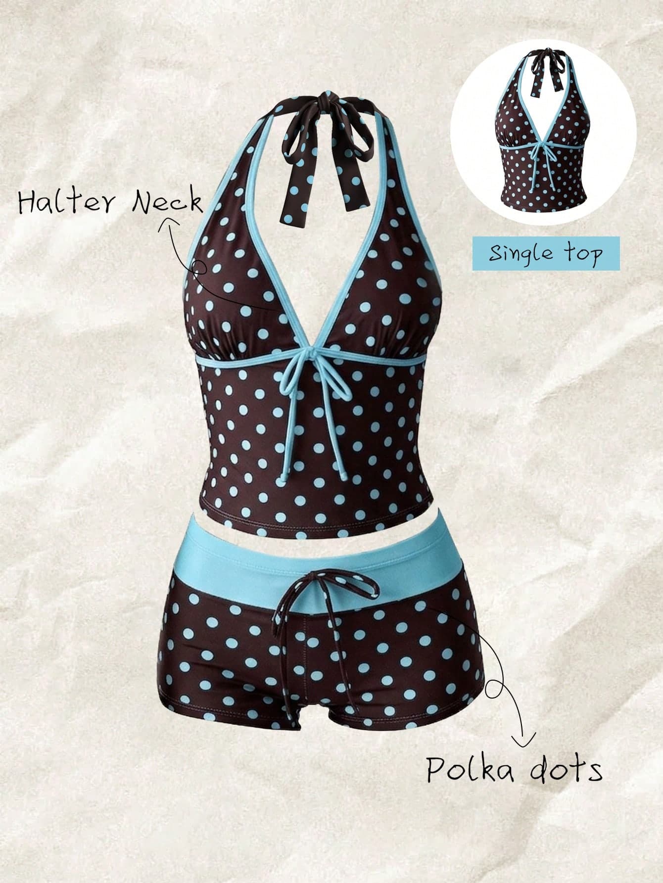 Elavelle Stylish Polka Dot Halter Tankini Set With Short Skirt Bottom For Women