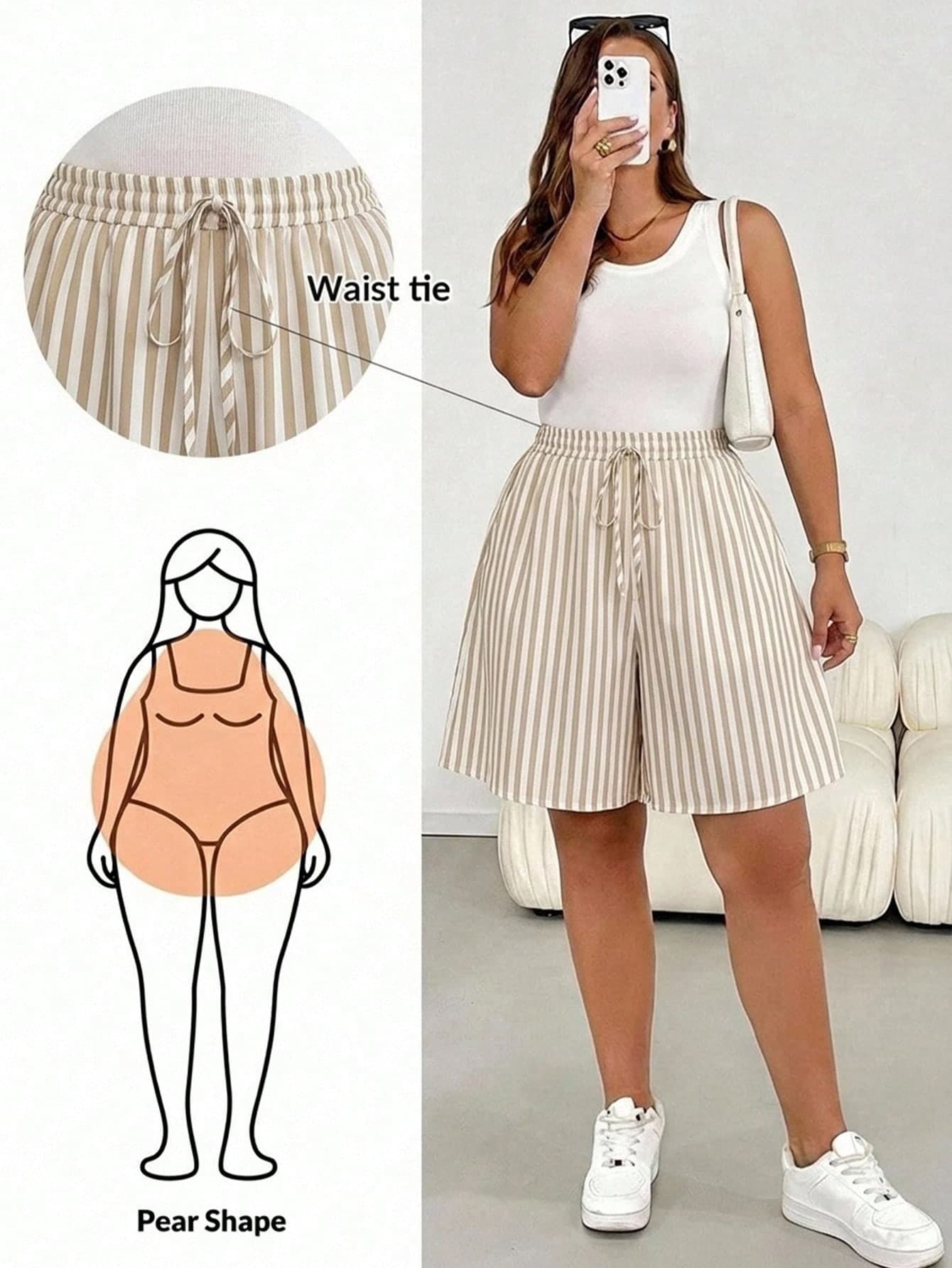 SHEIN Essnce Plus Size Women's Striped Wide Leg Loose Shorts With Belt, Suitable For Beach And Summer Casual Wear