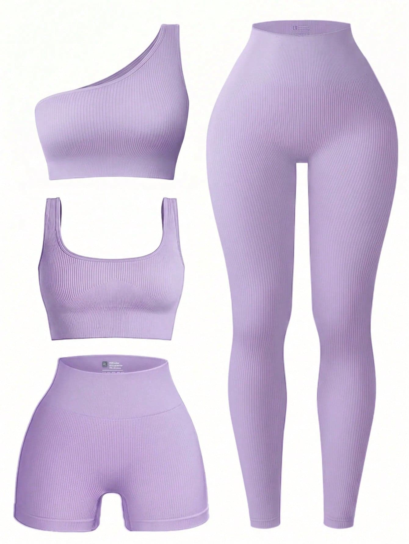 SHEIN Sports Women's Solid Color Tank Top Bra, One Shoulder Bra, Base Layer Shorts And Leggings Sports Set