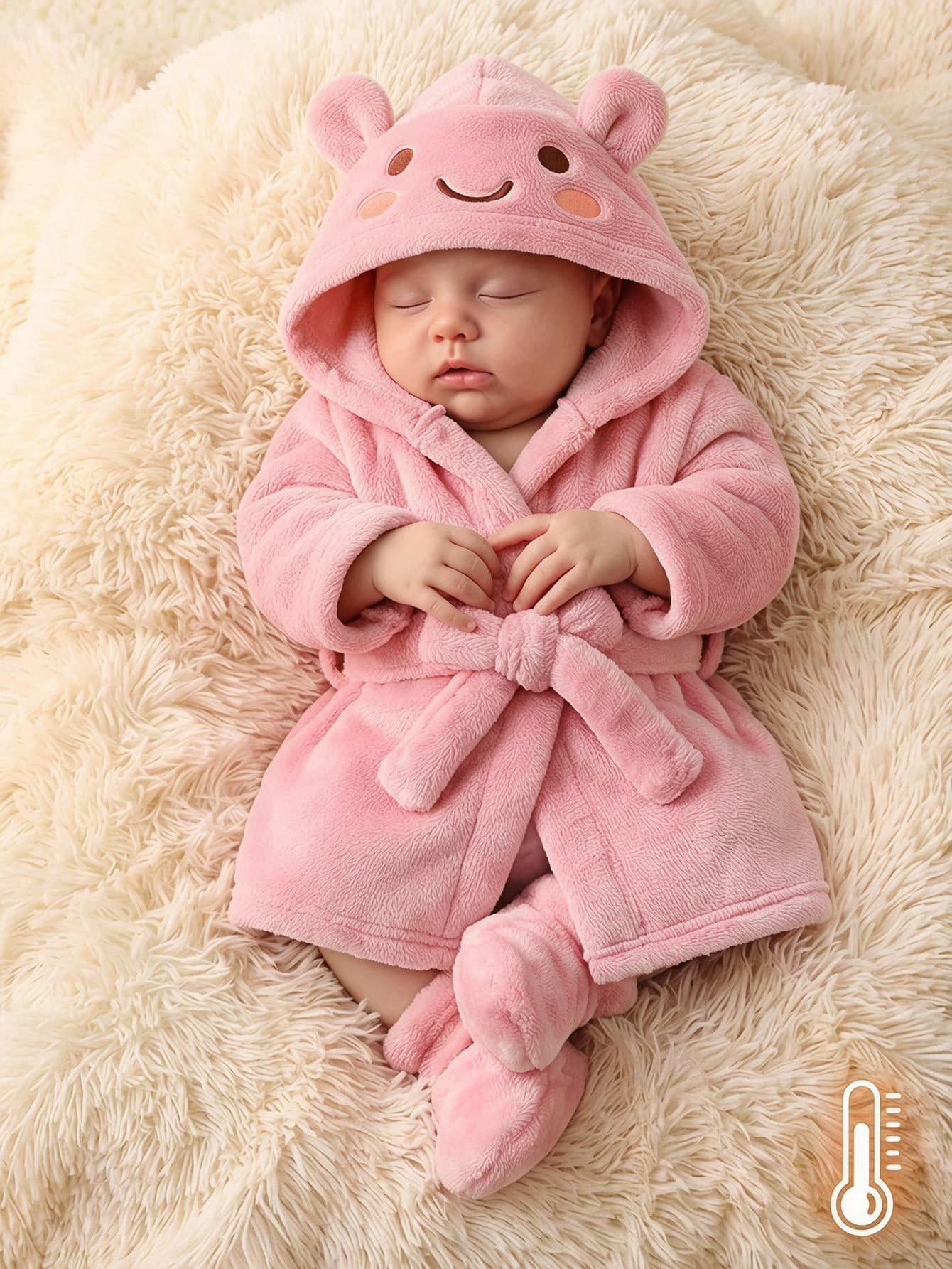 SHEIN Newborn Long Sleeve Hooded Fleece Smile Pattern Embroidered With Cute Ear Decor Comfortable Fabric Loved By Infants And Moms Sleepwear Homewear
