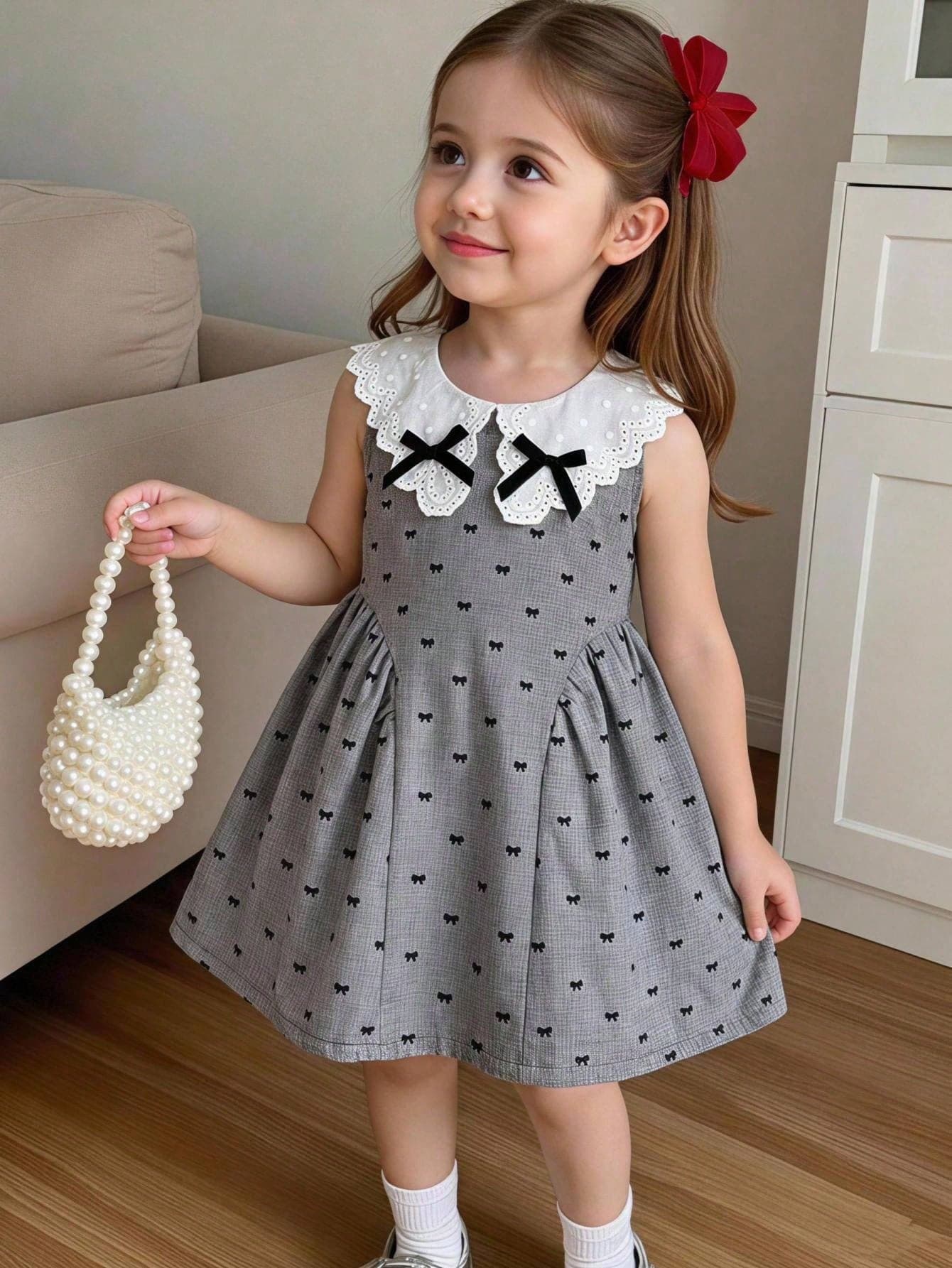 SHEIN Playful Pals Baby Girl Sweet Preppy Style Grey Base Black Bow Full Print Pattern White Lace Hollow Out Large Collar Decor Black Cinched Waist-Cinched A-Line Sleeveless Dress Soft Skin-Friendly Comfortable Spring Autumn Daily Wear Versatile Dress