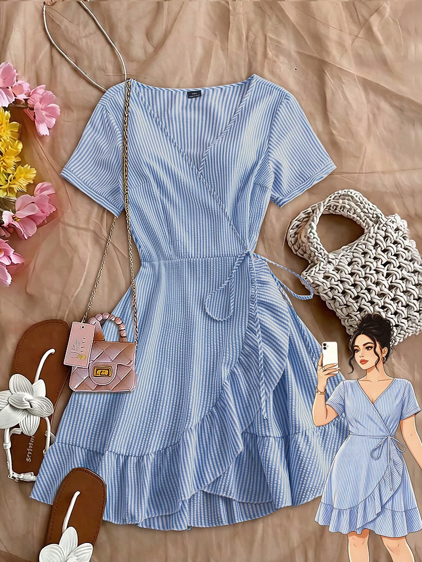 GlowEve CURVE Plus Size Women's Blue And White Striped V-Neck Short Sleeve Mini Dress, Summer Vacation Smart Casual A-Line Asymmetric Ruffle Hem Tie Cinched Waist Dress