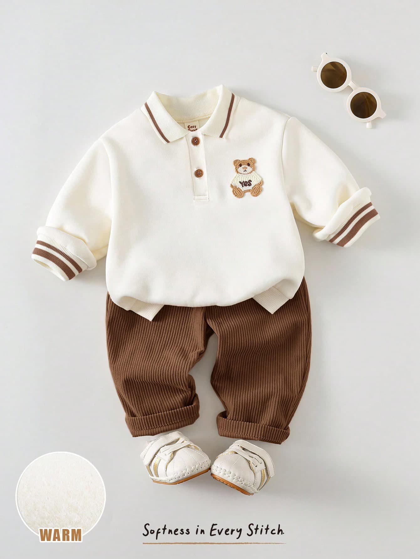 Cozy Pixies Newborn Bear Pattern Contrast Color Polo Collar Long Sleeve Sweatshirt And Pants Set