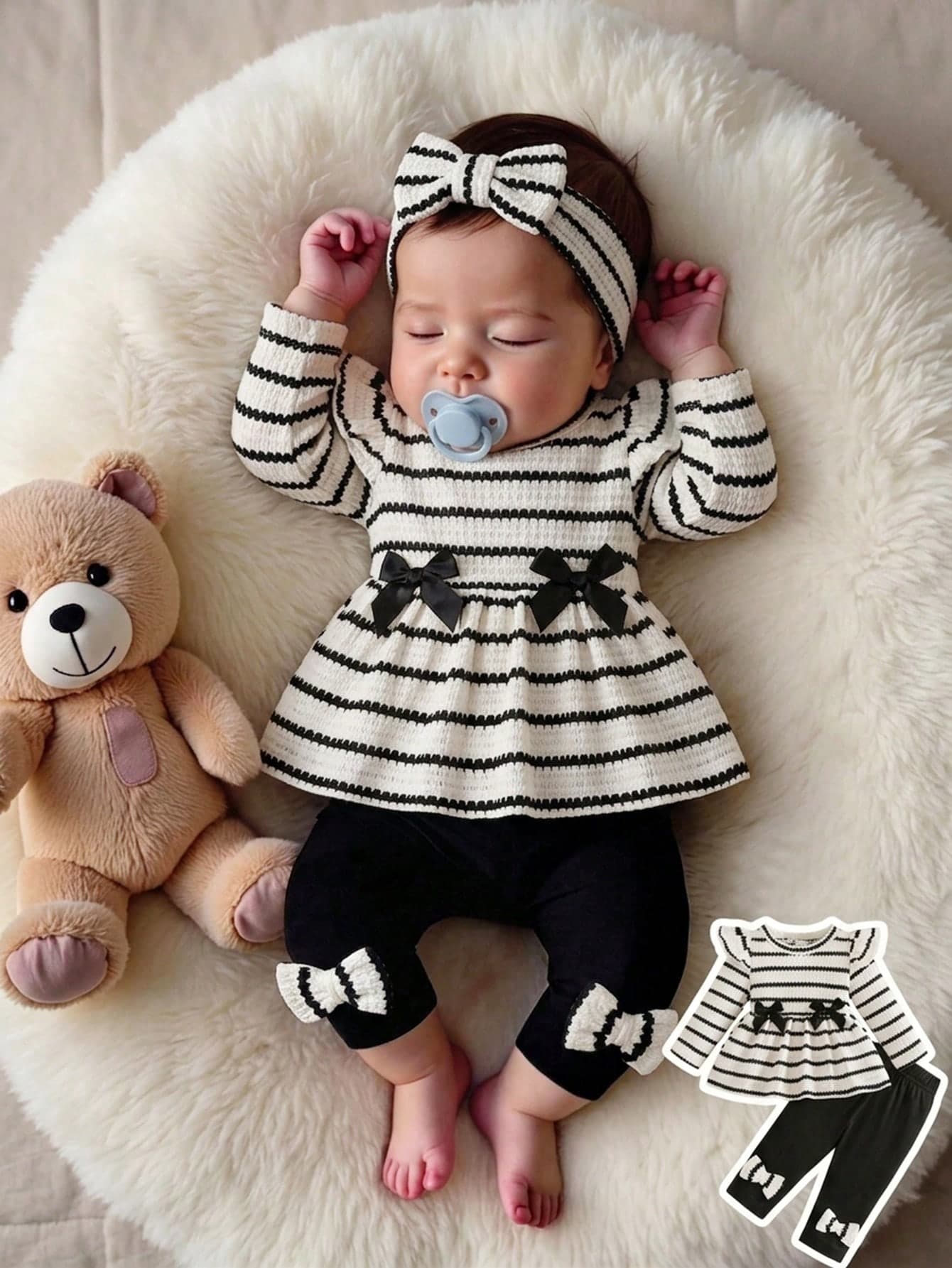 SHEIN Playful Pals 2pcs/Set Newborn Spring/Autumn Black & White Striped Sweet Korean Style Flutter Sleeve Cinched Waist Long Sleeve Top & Bow Hem Long Pants Set, Loose Comfortable Fit, Suitable For Daily Wear, Full Moon Party, Family Gathering, Photo Shoot
