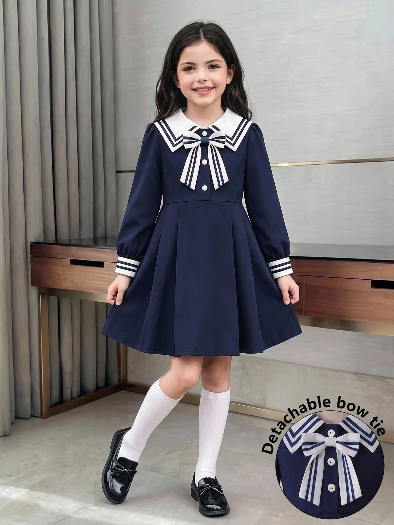 Elladie kids Back To School Season 1pack Little Girls Sailor Collar Bow Long Sleeve Swing Dress Casual Spring Autumn Elegant Kids Dress