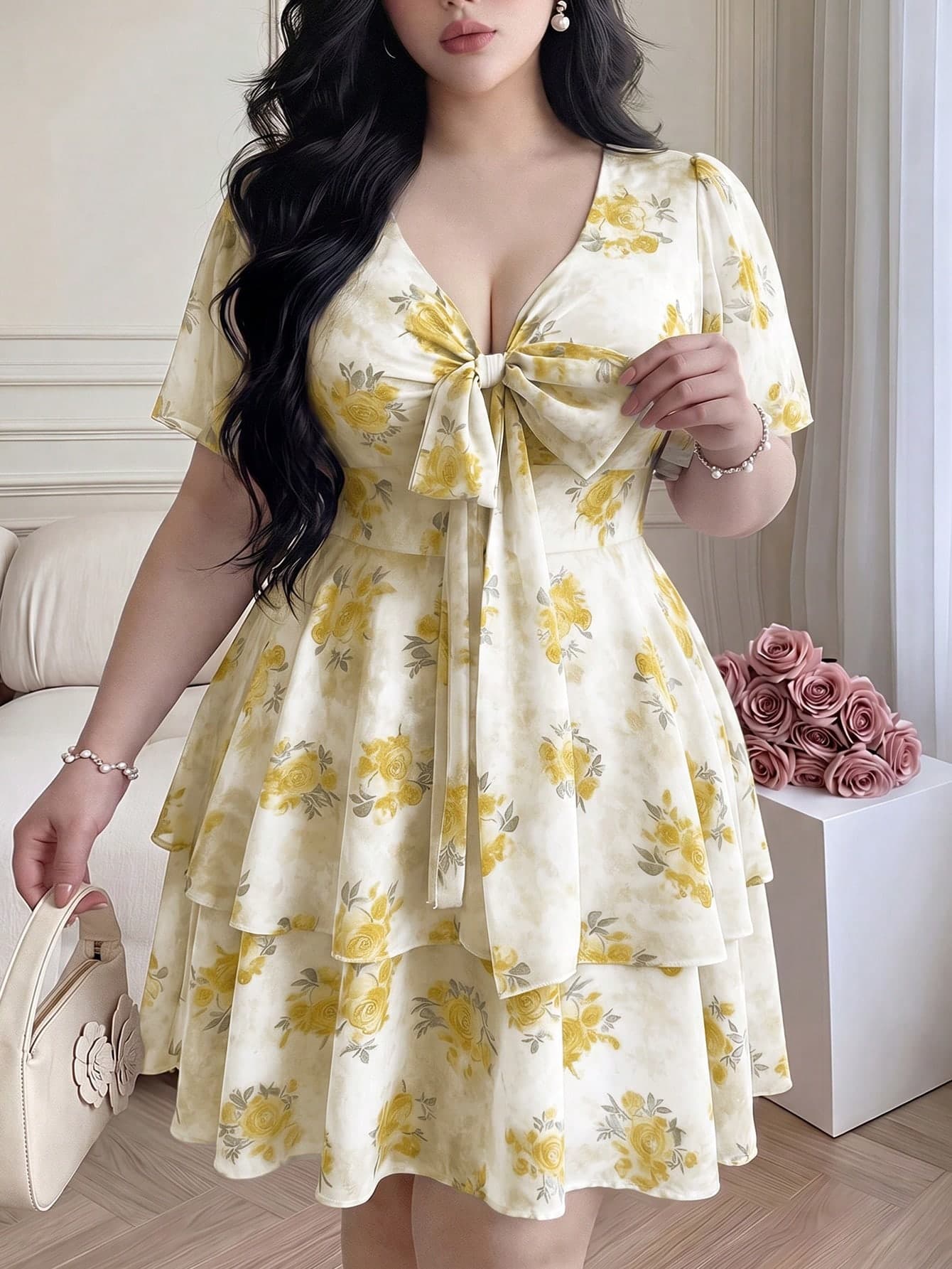 Vibekara Plus Size Spring/Summer Elegant Chiffon Floral Layered Hem Dress