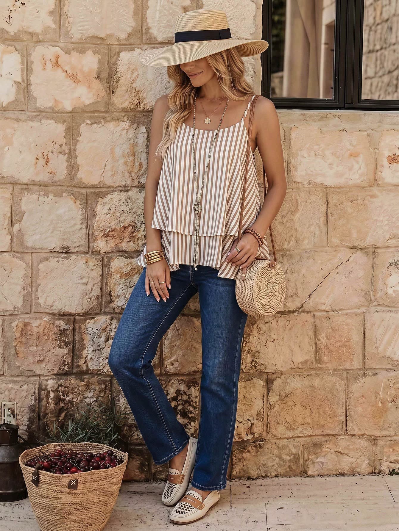 EMERY ROSE Women's Contrast Striped Flowy Hem Cami Top, Summer Boho Casual Vacation Beachwear Woven New Arrivals To Wear