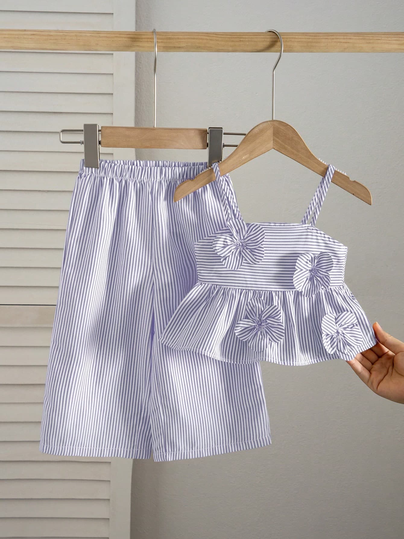 Babygirl Cute Vacation Casual Striped Bow Pattern Tank Top & Elastic Waist Long Pants Set
