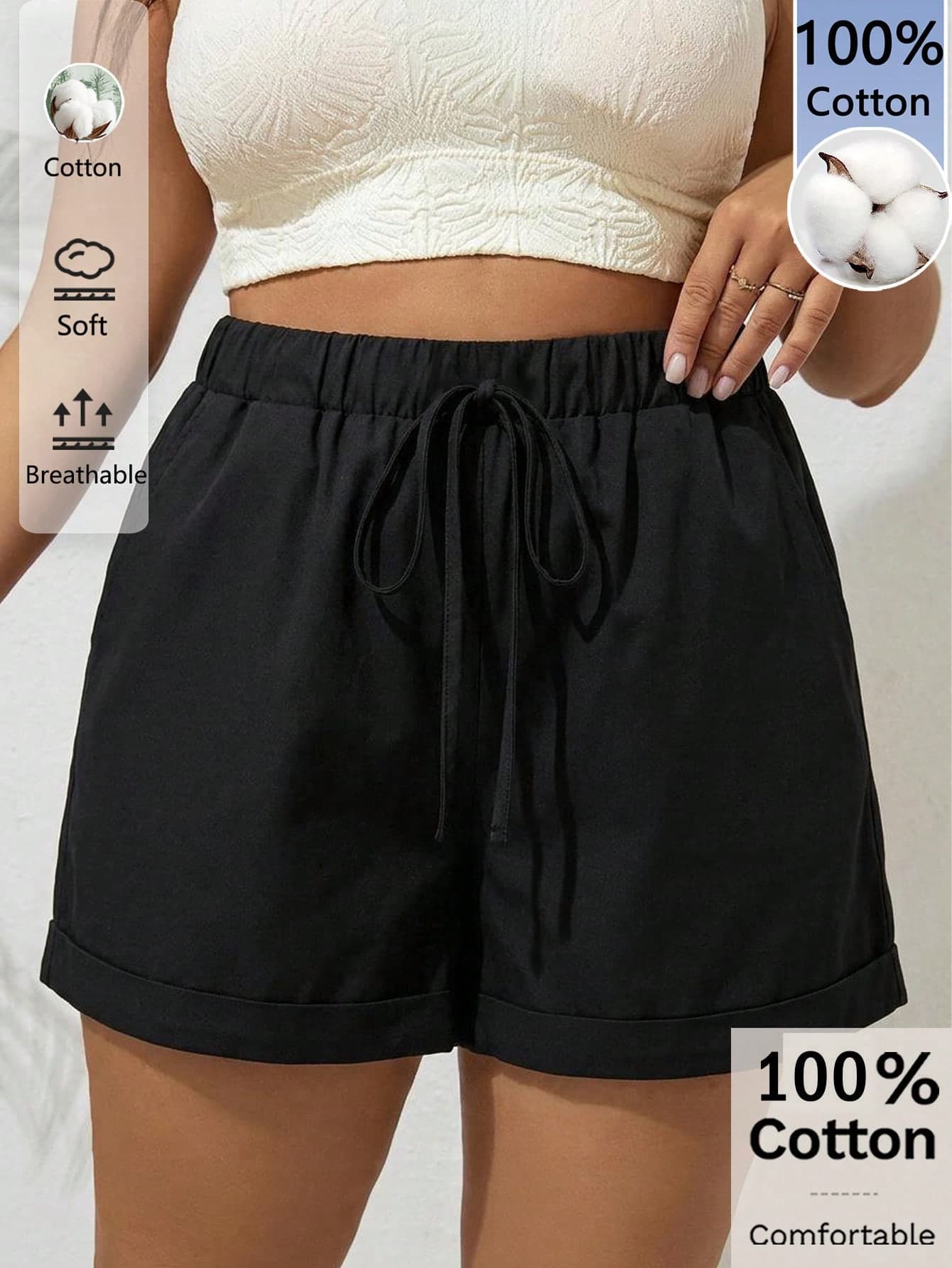 Freevana Plus Size Women's Drawstring Waist 100% Cotton Fabric Comfortable Casual Striped Pants, Suitable For Beach Vacation, Airport Casual, Summer Outings And Other Occasions, Black Casual Pants Suitable For Summer