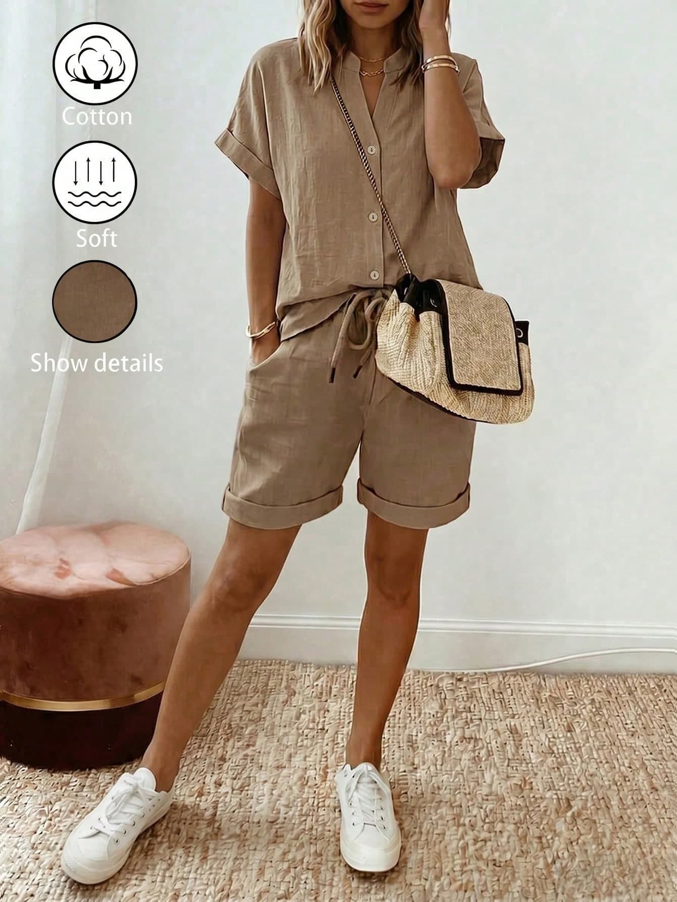 SHEIN Holidaya Women's Summer New Casual Vacation Style Cotton Linen Mandarin Collar Shirt And Shorts Set. Selected Textured Cotton Linen Fabric With Skin-Friendly Properties. The Top Features A Mandarin Collar, V-Neck, And Single-Breasted Design, With Rolled Short Sleeves For A Cool And Comfortable Feel. The Bottom Is Paired With An Elastic Drawstring Waist Shorts, With Rolled Hem For A Casual Look.