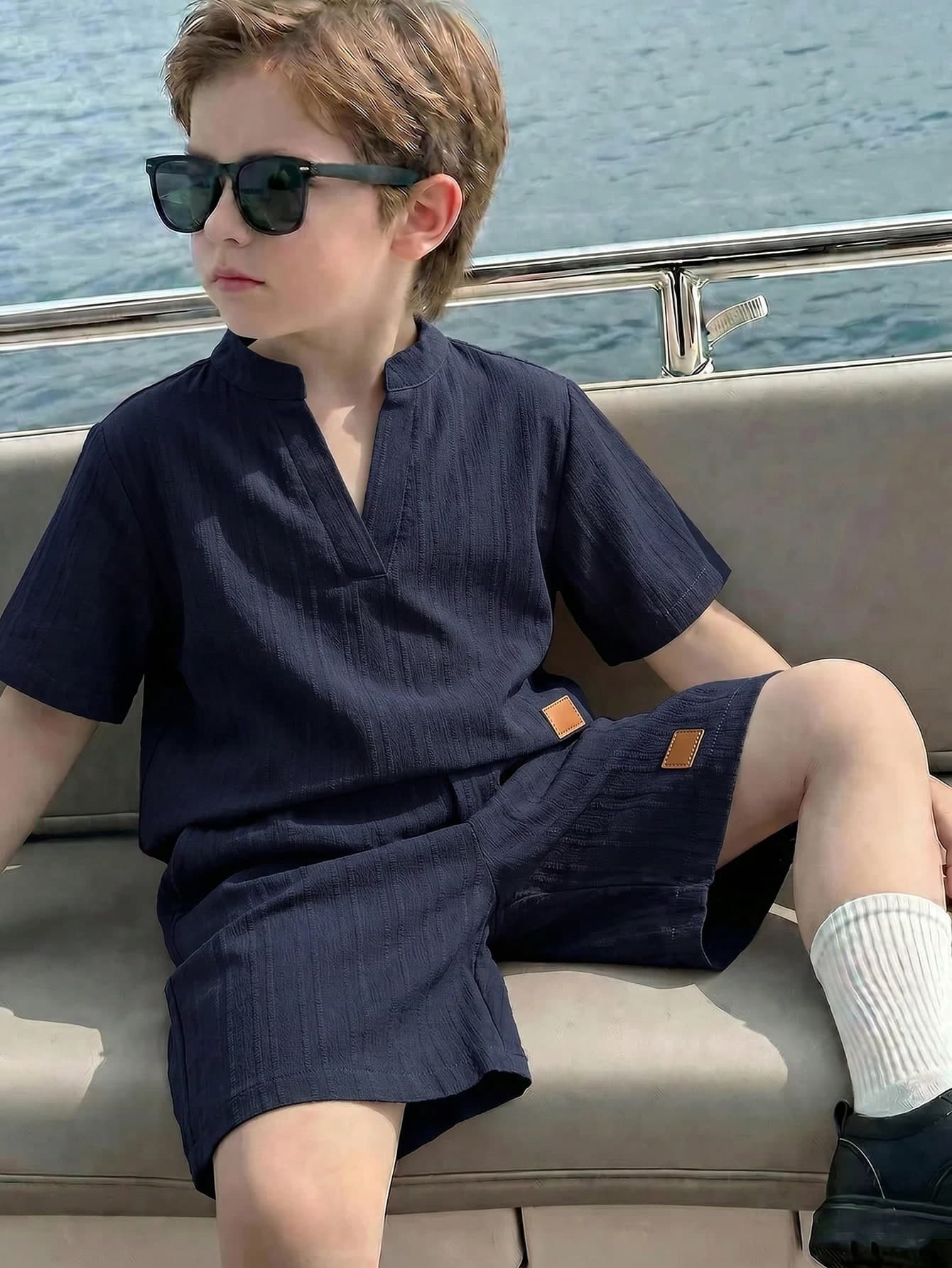 SHEIN 2pcs Kids Boy Casual V-Neck Short Sleeve Shirt And Shorts Set