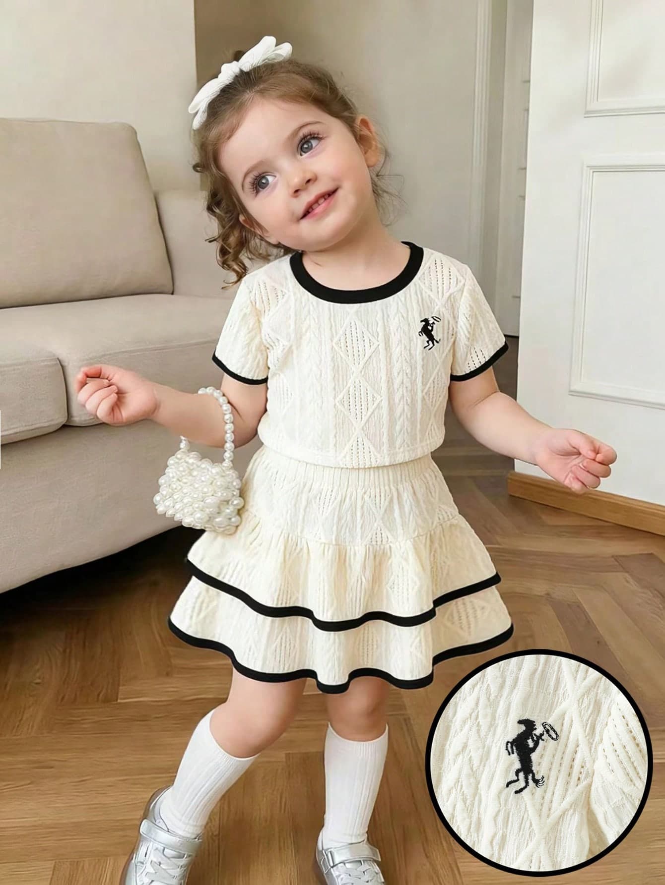 Genkimix Kids Young Girls' Embroidered Crew Neck Knit T-Shirt And Cake Skirt Set,Back-To-School Summer School Clothing,Toddler Kids Adorable Elegant Outfit,White