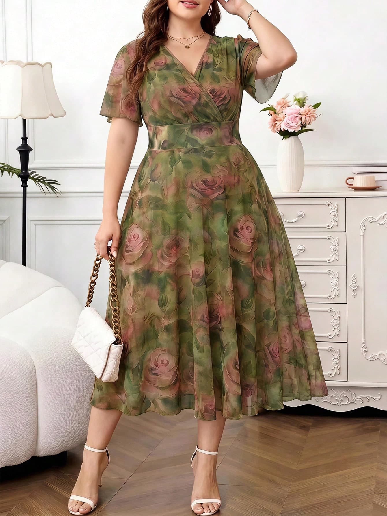Reflora Plus Size Women's V-Neck Floral Print Casual Elegant Party Wedding Guest Travel Dress Green Summer