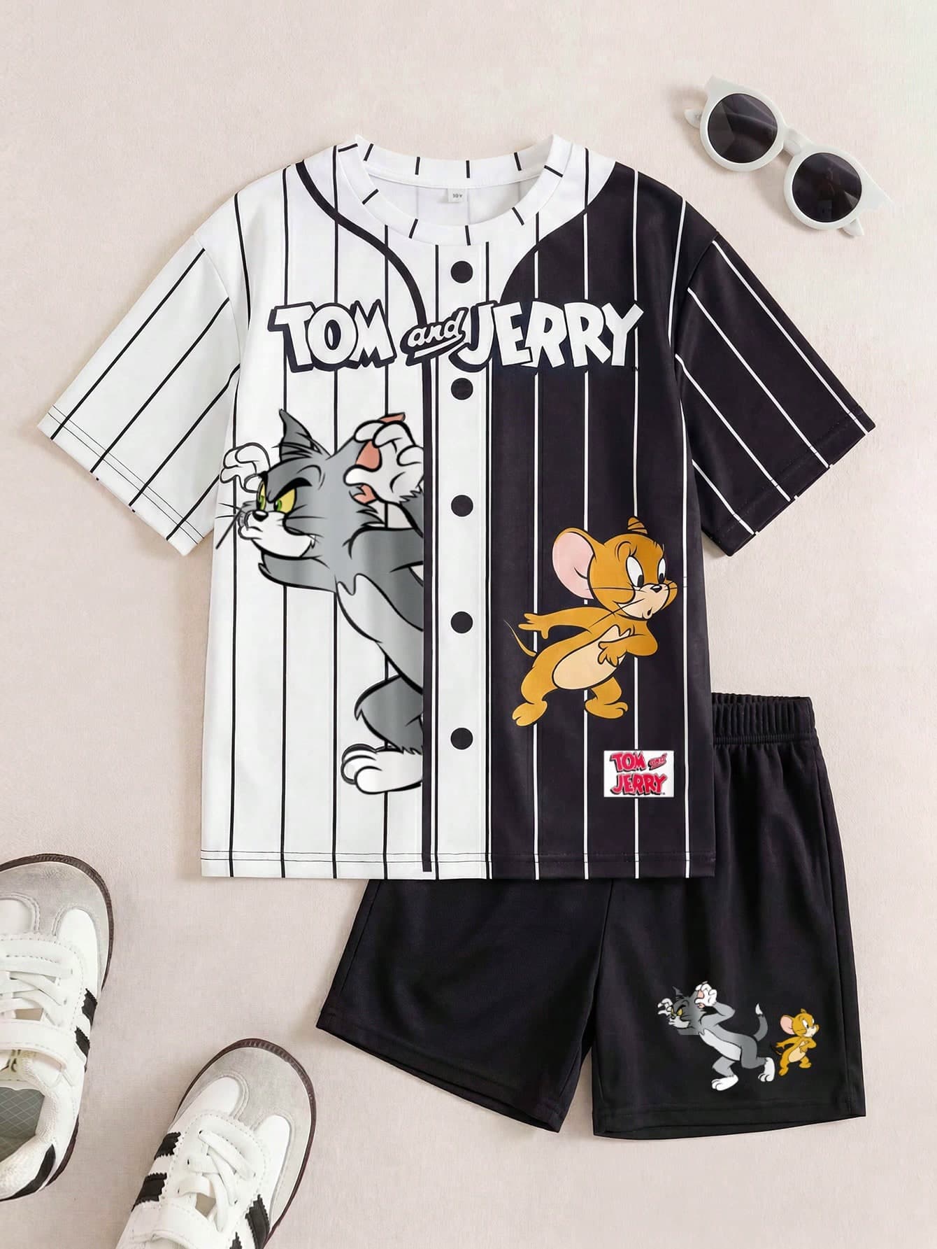 TOM & JERRY X SHEIN Tween Boy Striped Letter & Cartoon Print Round Neck Short Sleeve T-Shirt And Shorts Casual Daily Outfit