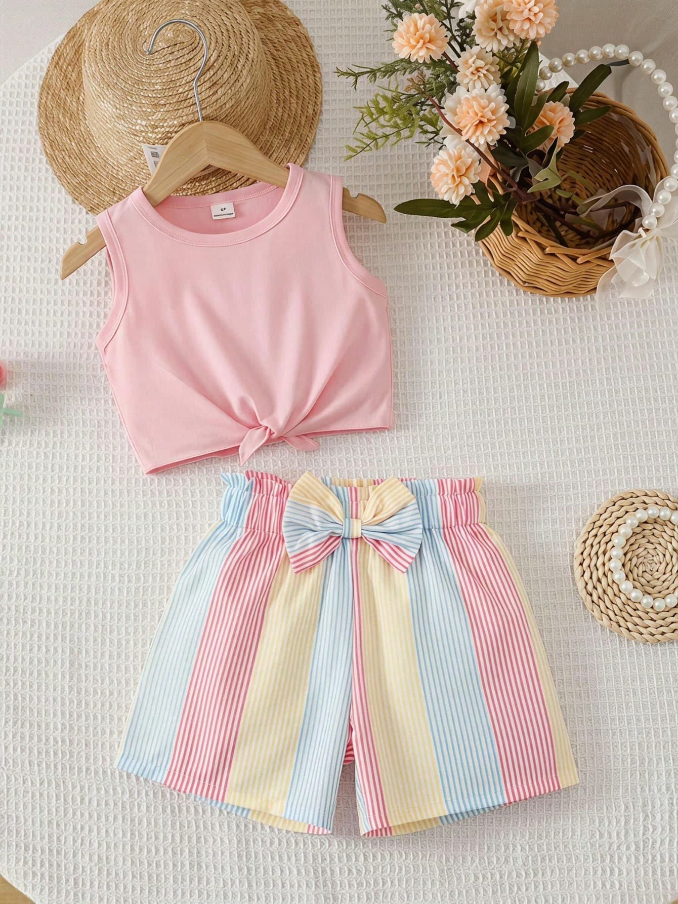Genkimix Kids Girls (Small) Casual Safari Sleeveless Top Striped Shorts 2 Pieces Set With 3D Bow Design, Back To School