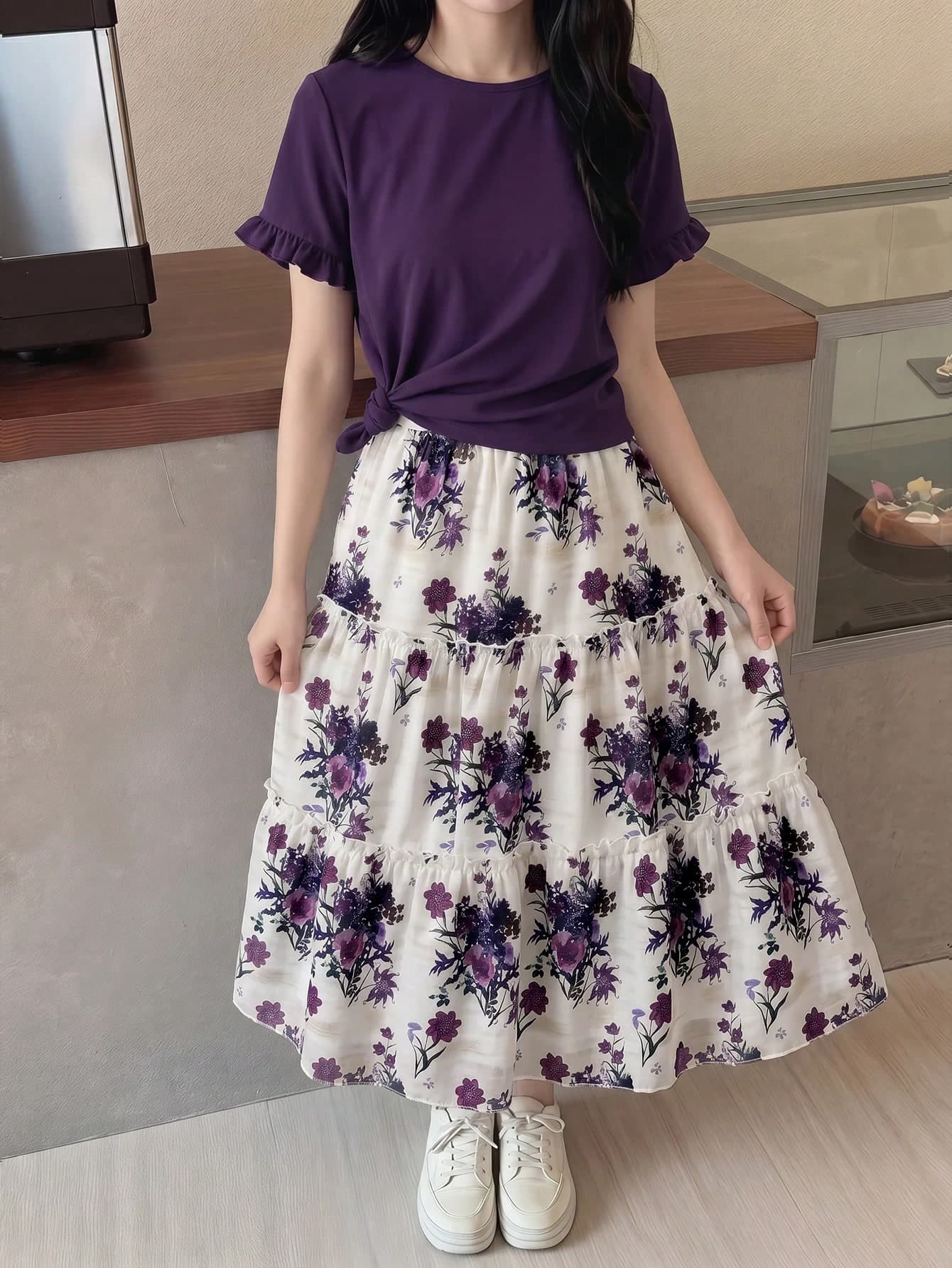 SHEIN Teen Girls Casual Vacation Summer Solid Color Top & Floral Print Skirt
