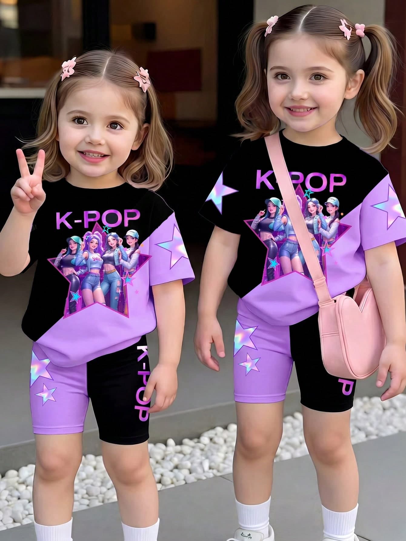 Girls' Cute K-Pop Girl Group Star Print Summer Round Neck T-Shirt And Shorts Set,Exquisite Glamorous Design,Sweet Chic Fitted Knitted Top,Gift Outfit