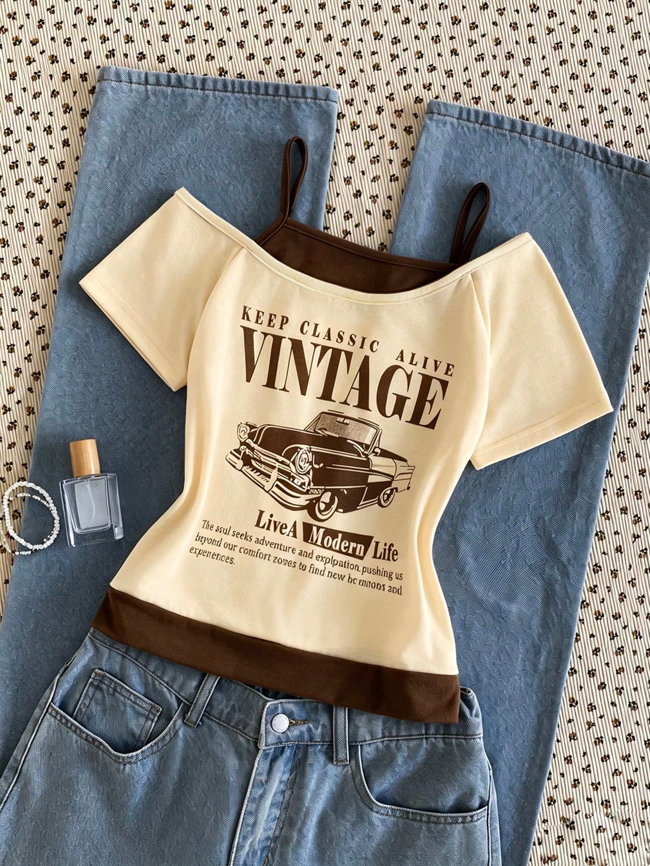 Tween Girl Brown Summer Streetwear 2 In 1 T-Shirt,Cold Shoulder Short Sleeve Letter Slogan & Car Graphic Print Top For School & Back-To-School