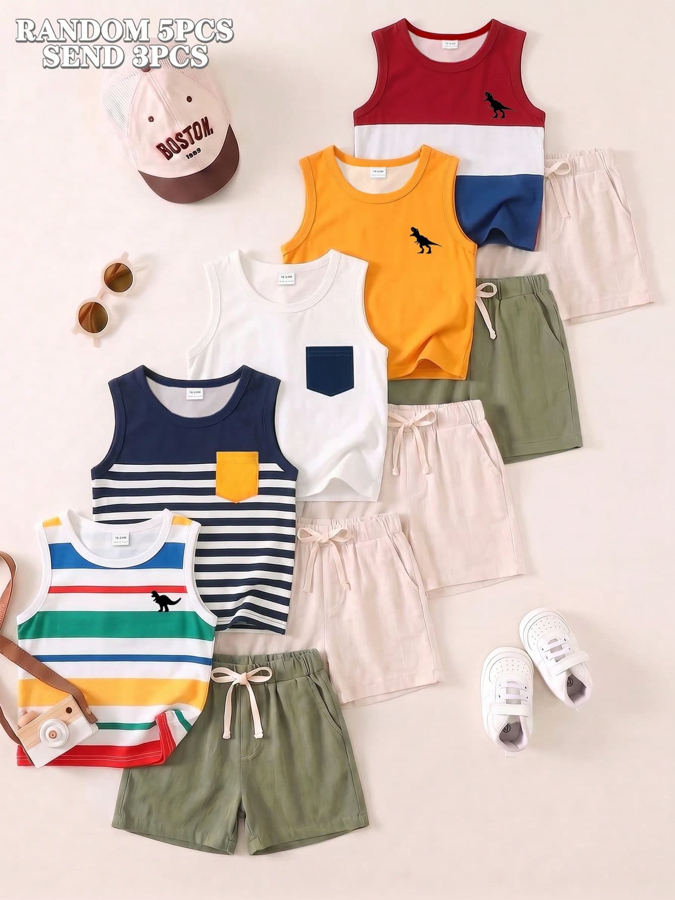 SHEIN Random 5 Pcs Get 3 Pcs Baby Boy Tank Tops, All Round Neck + Wide Strap Basic Style, Fabric Looks Soft And Skin-Friendly