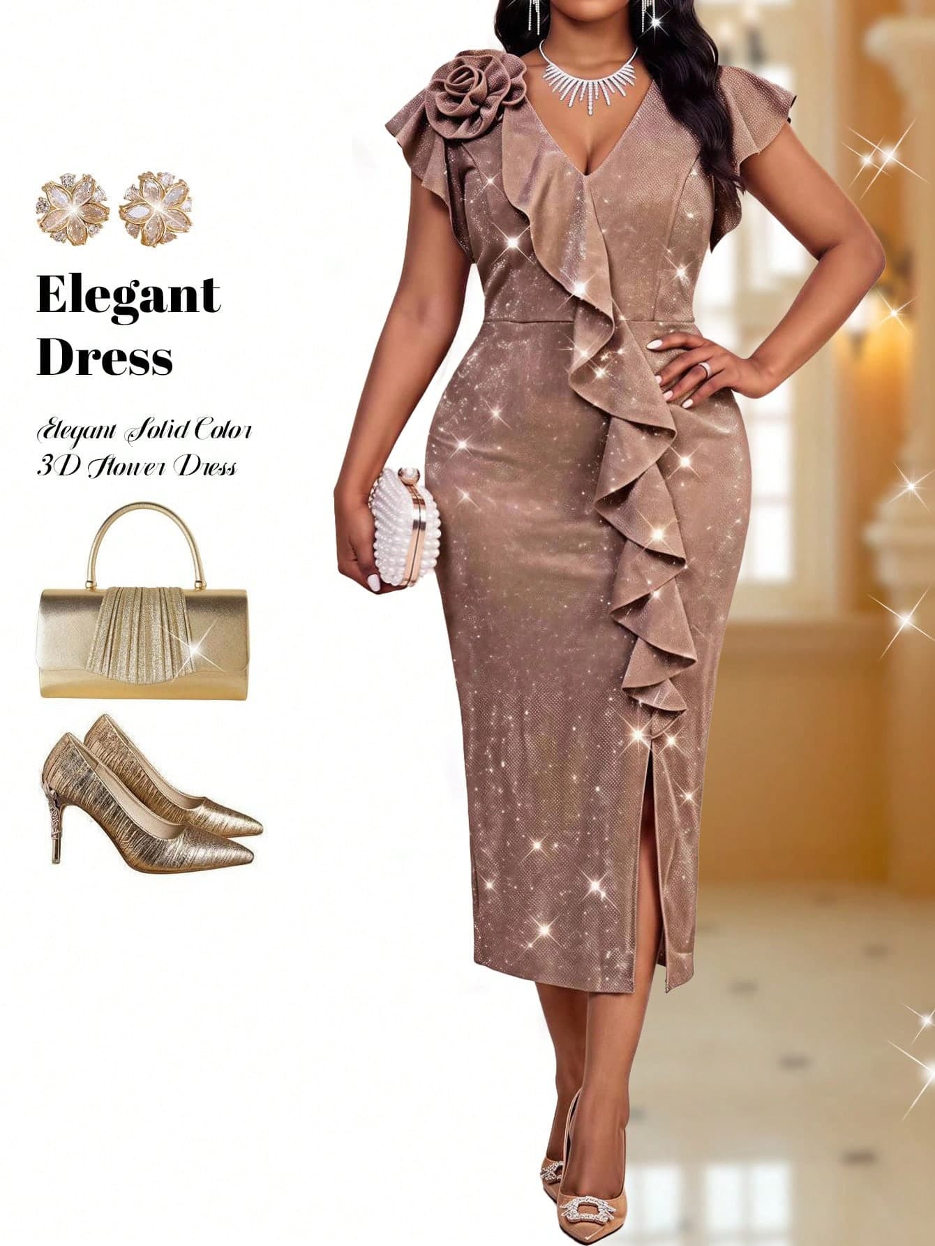 Fleurora Plus Size Elegant Party Wedding 3D Floral Ruffle Hem Dress Pink Summer