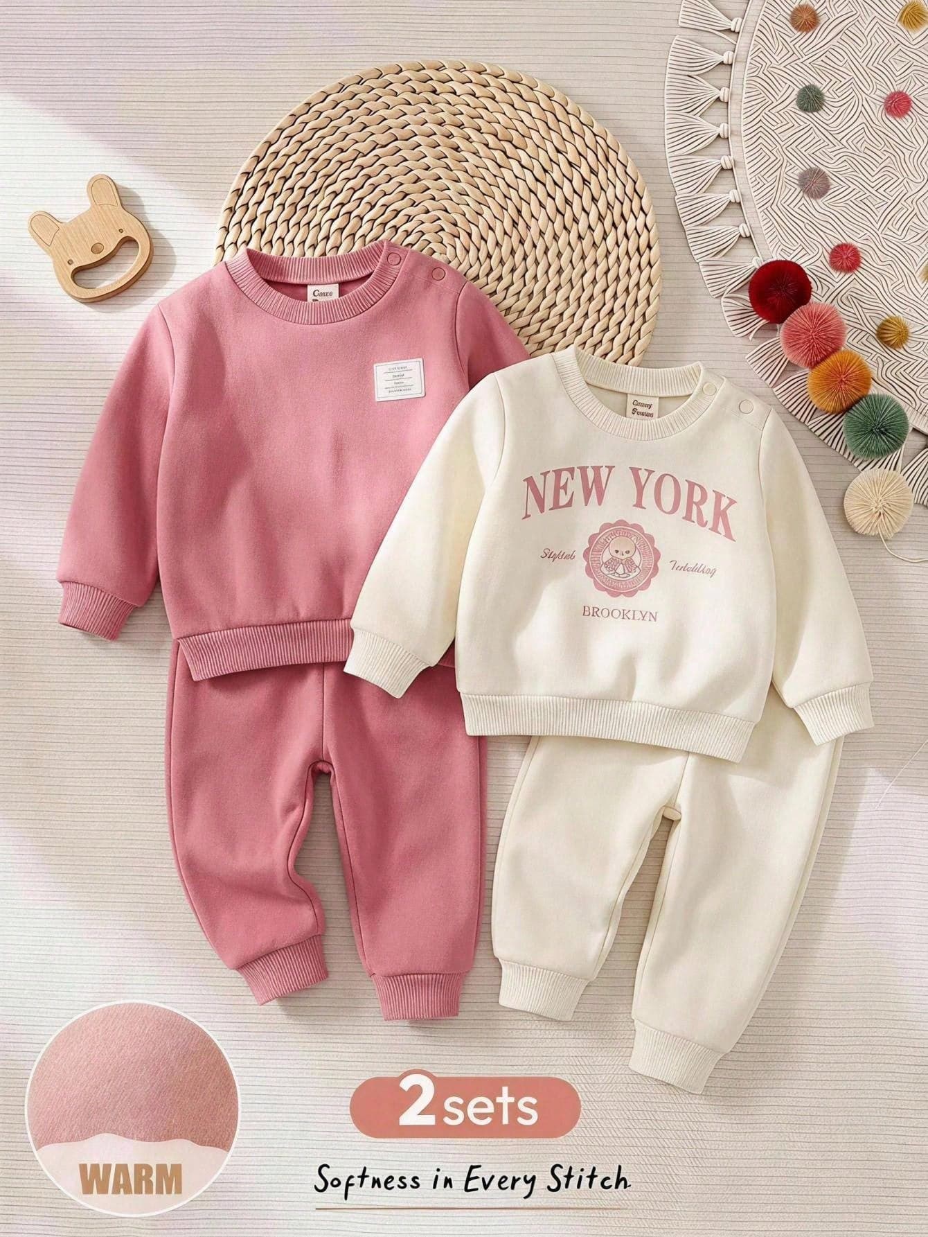 Cozy Pixies Newborn Baby Girl Letter Pattern Knit Soft Crew Neck Long Sleeve Pullover Sweatshirt Elastic Waist Long Pants 4pcs -Piece Set