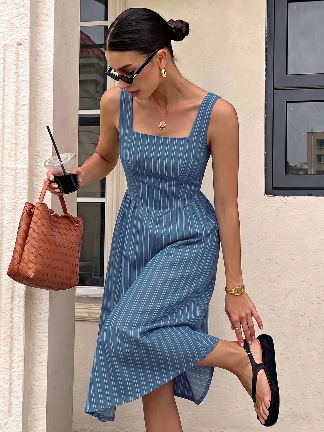 Siren Gaze Women's Mid-Length Dress, Casual Minimalist Vacation Bohemian Elegant Romantic Vintage Striped Deep Blue, Women's Formal Dress, Commuter Dress, Women's Commuter Outfit, Music Festival, Beach Outfit, Vacation Outfit, Women's Summer Outfit