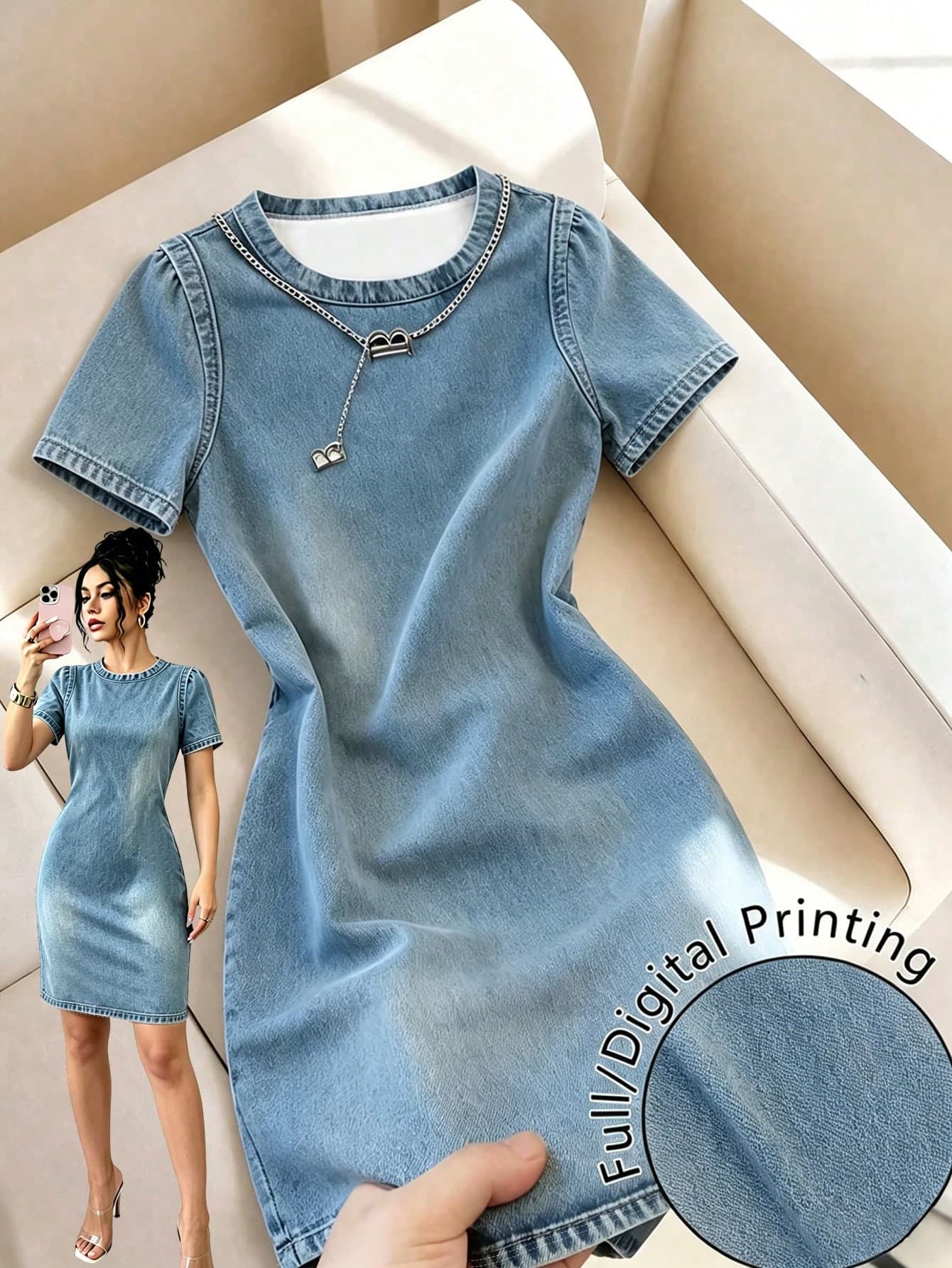 Franclia Women's Simple Fashion Basic Blue Round Neck Short Sleeve Slim Fit Short Dress, 2026 Women's Summer Outing Outfit