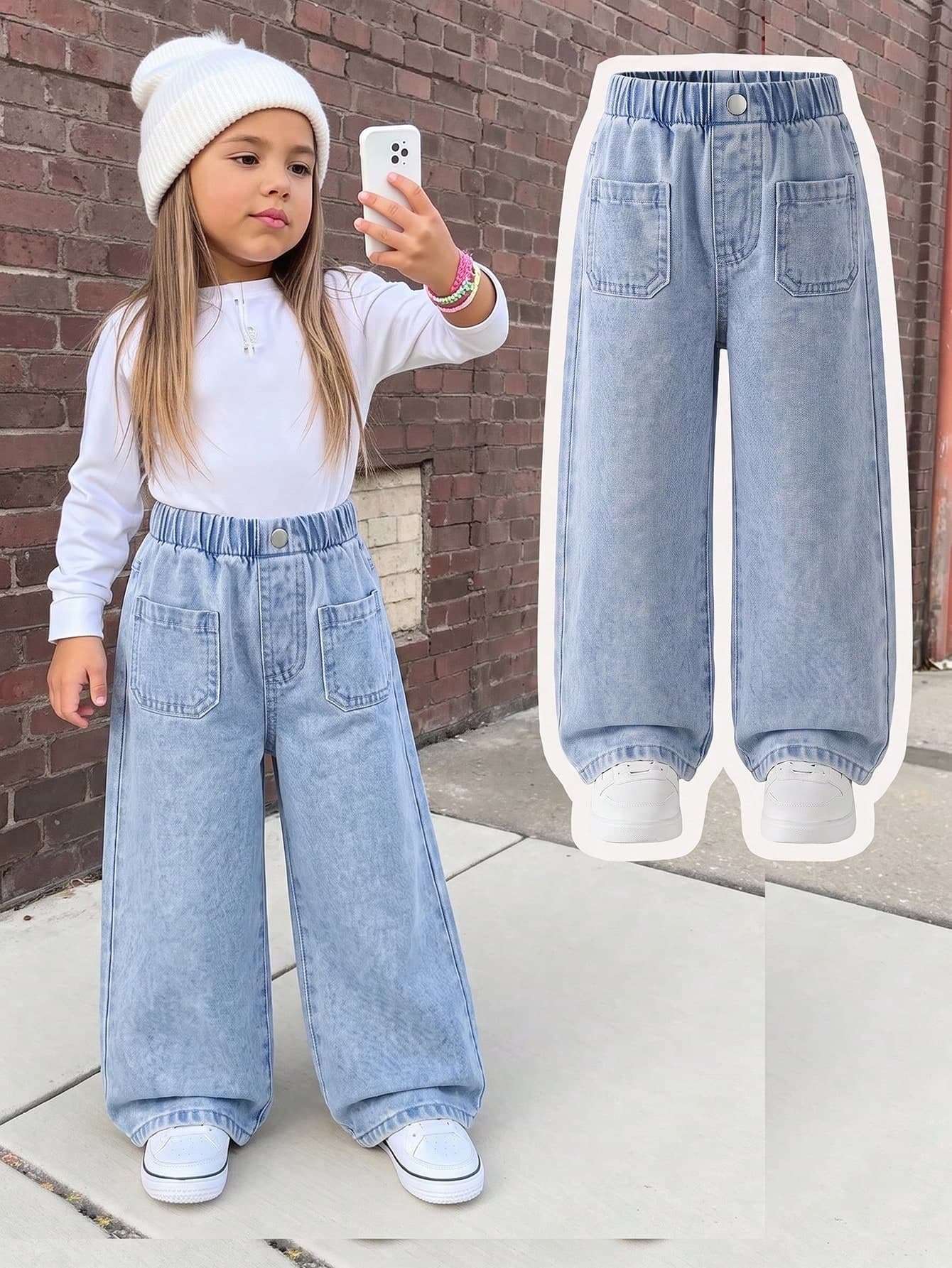 Elladie kids Young Girls Casual Style Denim Jeans, Spring/Summer/Autumn/Winter, Dark Blue, Dual Pocket Design, Loose Wide Leg Fit, Soft And Comfortable Fabric, Suitable For School, Commuting And Daily Outings