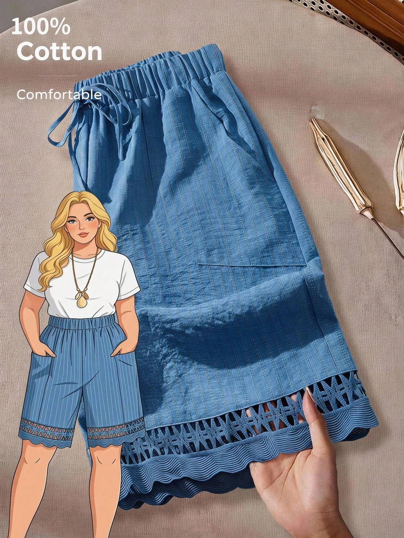 Rusticease Plus Size Solid Color Elastic Waist Drawstring Casual Hollow Out Summer Shorts