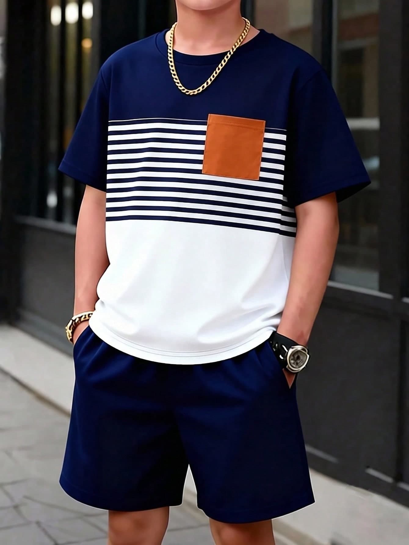 SHEIN Vacaura Teen Boys Summer Cool Colorblock Letter Patchwork Crew Neck Short Sleeve T-Shirt + Outdoor Casual Fashion 3D Letter Style Sports Jogger Shorts 2pcs Set