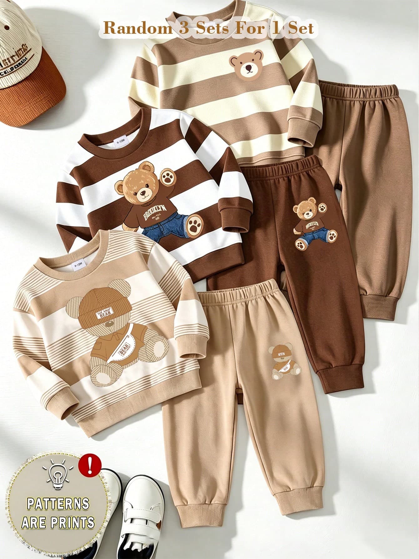 Souflis Souflis Random 3 Sets Get 1 Set , Fresh Casual Cute Fun Cool Bear Hat Crossbody Bag Khaki Color With Brown Striped Print Pattern Round Neck Long