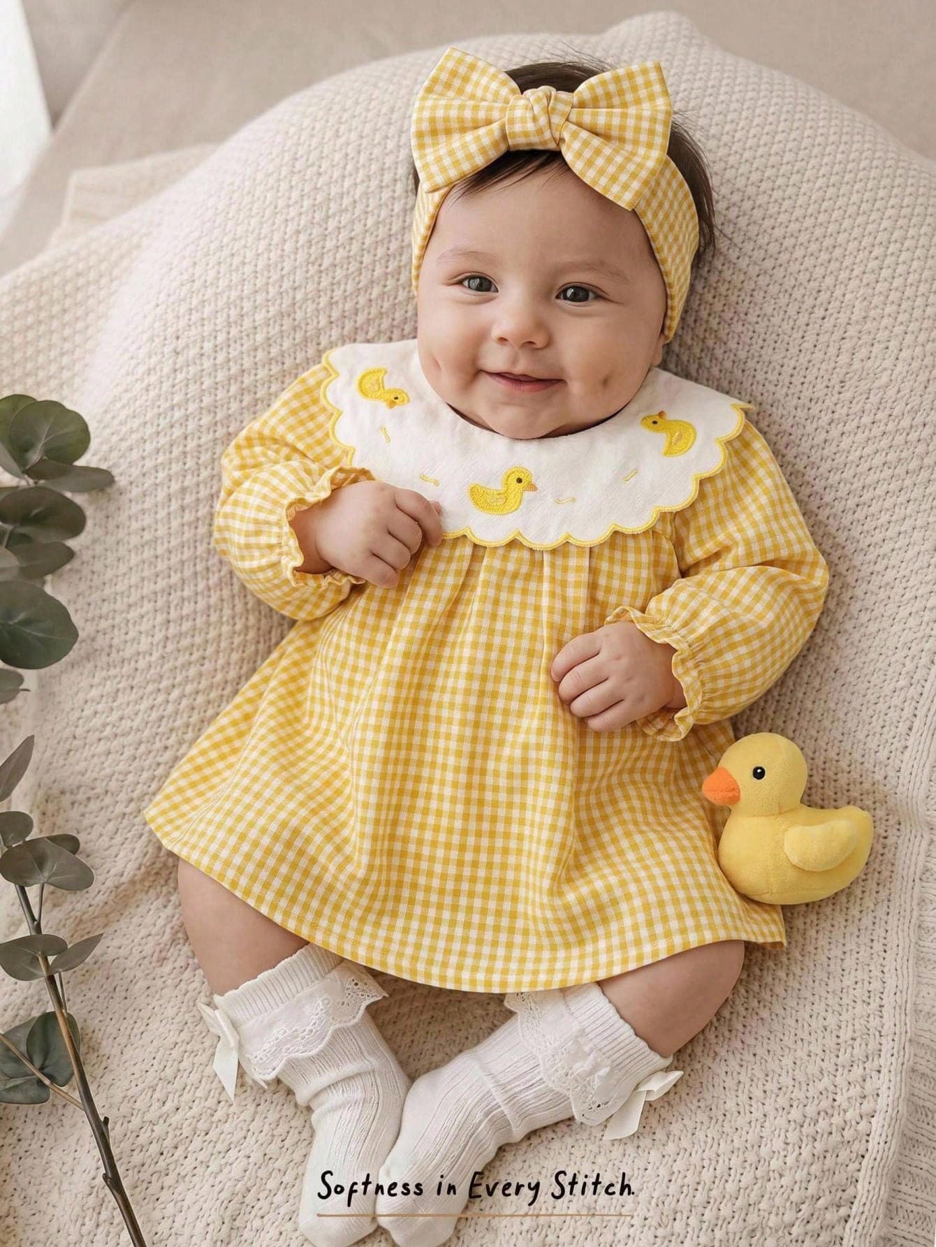 Cozy Pixies Newborn Baby Girl Contrast Color Cartoon Cute Little Duck Embroidered Pattern Round Neck Long Sleeve Waist-Cinching Dress Versatile Comfortable