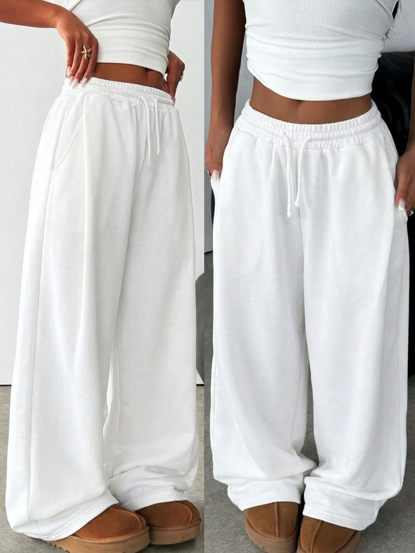 SHEIN Girlism Teen Girl Knitted White Loose Casual Drawstring Pocket Wide Leg Sweatpants