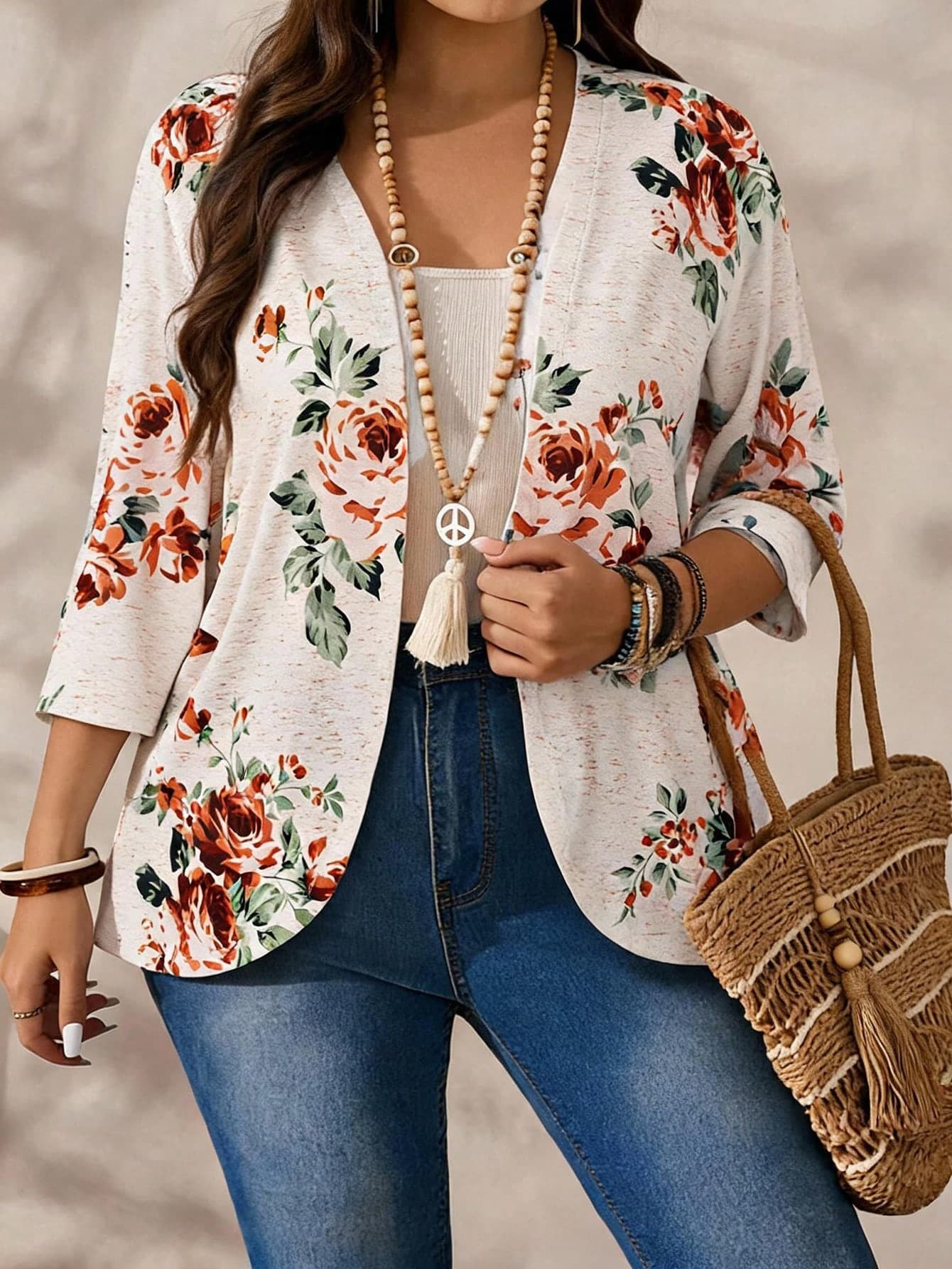 EMERY ROSE Plus Size Cream Floral Print 3/4 Sleeve Open Front Jacket Summer Layering Casual Vacation Outfits
