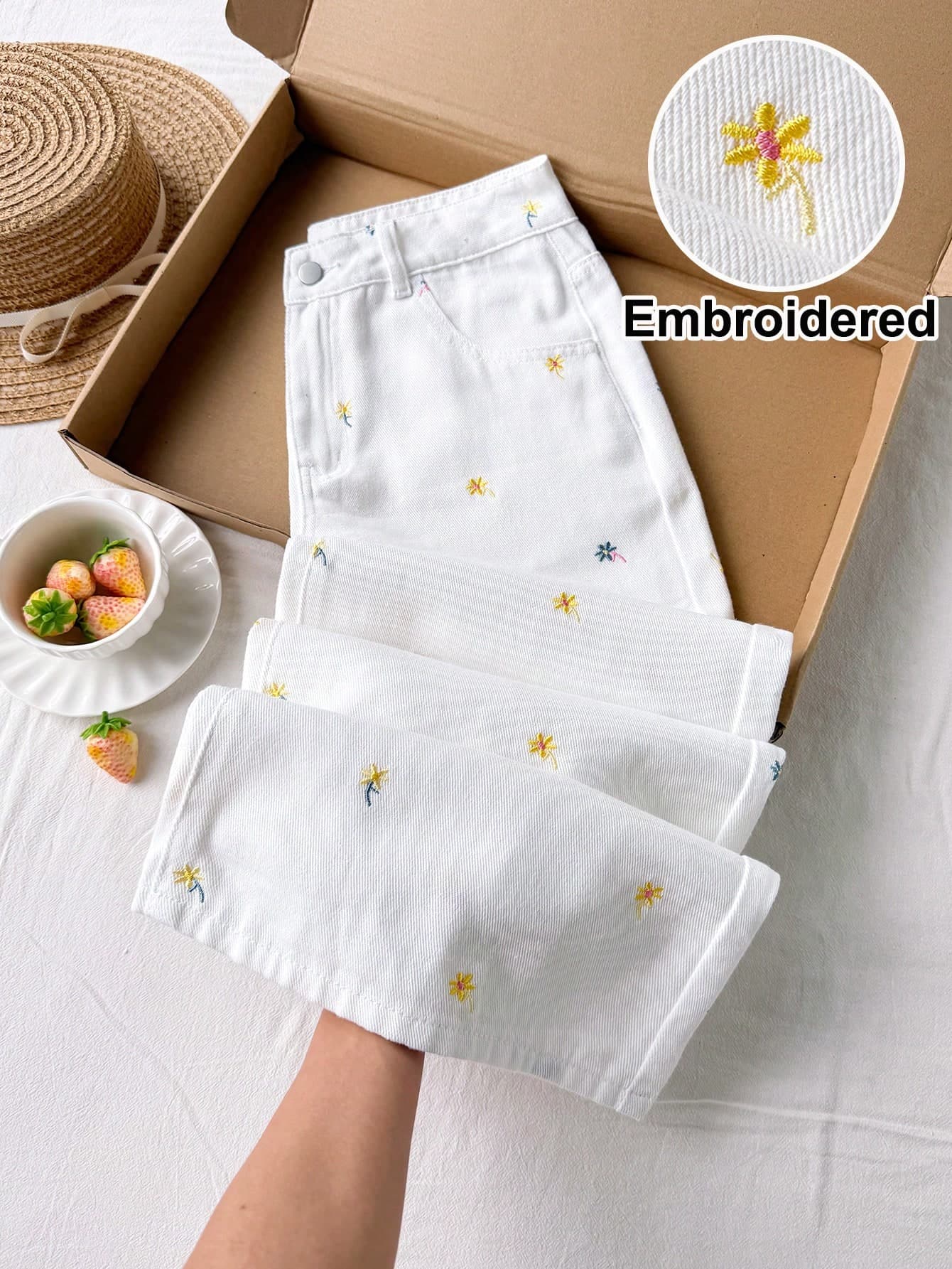 Comfortcana Plus Size Ditsy Floral Embroidered Denim Jeans Back To School Beach Jeans Vacation Outfits Women Casual Jeans Women's Country Pants Floral Jeans
