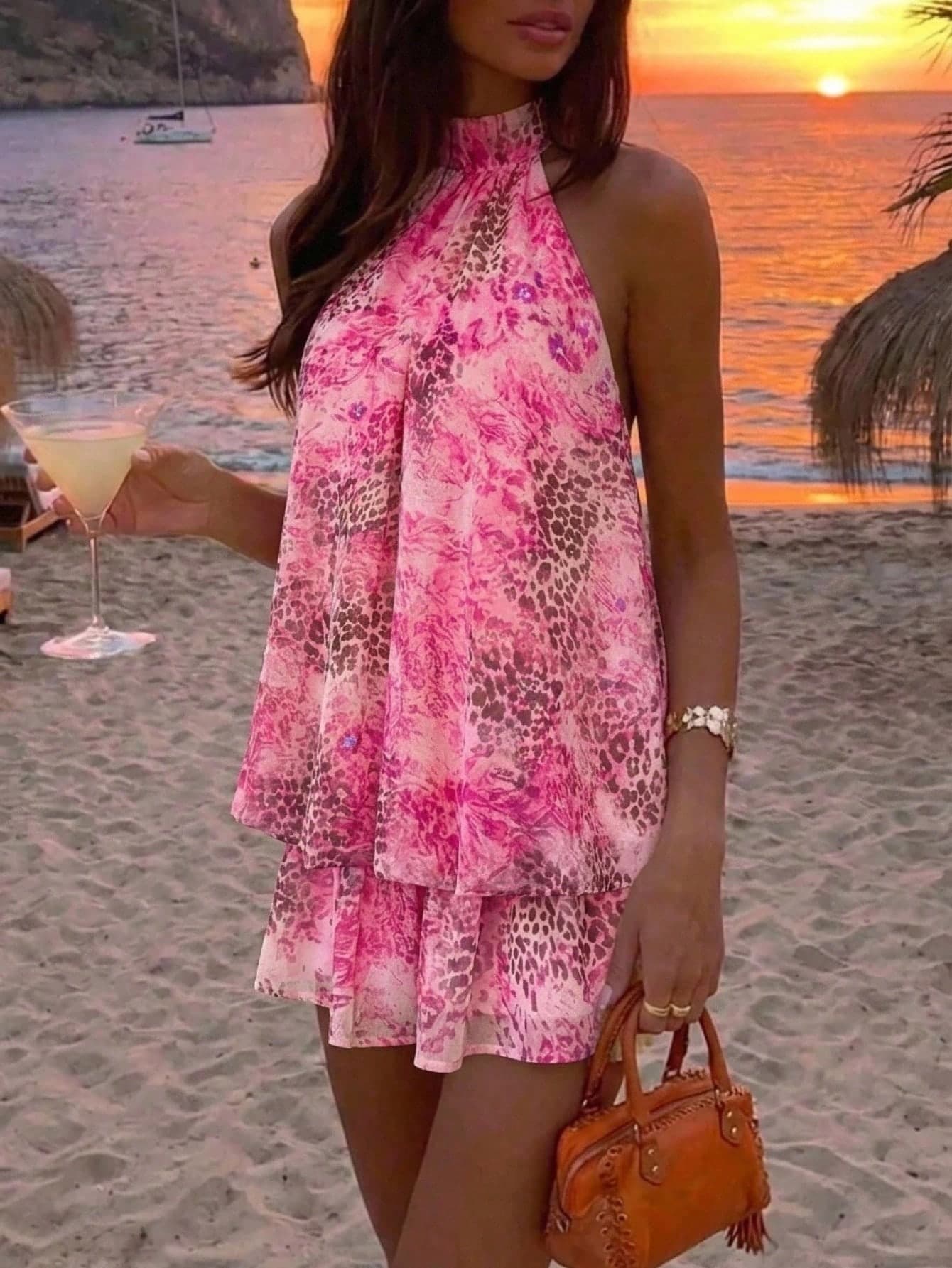 Aloruh Women's Leopard Print Pleated Fashion Date Club Night Vacation Holiday Party Mini Halter Dress Pink Leopard Print Summer Sexy Outfits Clothes Beach