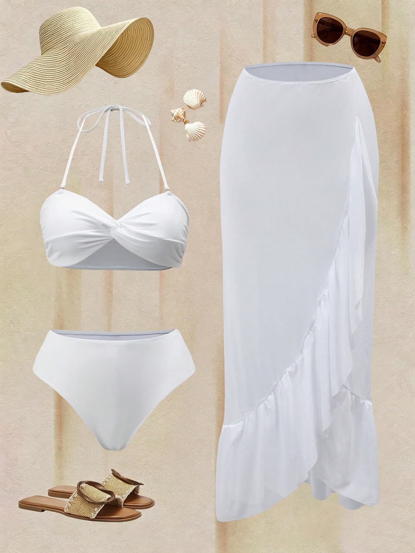 Swim Oasis Women's Summer Beach Solid Color Twisted Halter Tie Sexy Fashion Bikini Two-Piece Swimsuit Set With Cover-Up Skirt