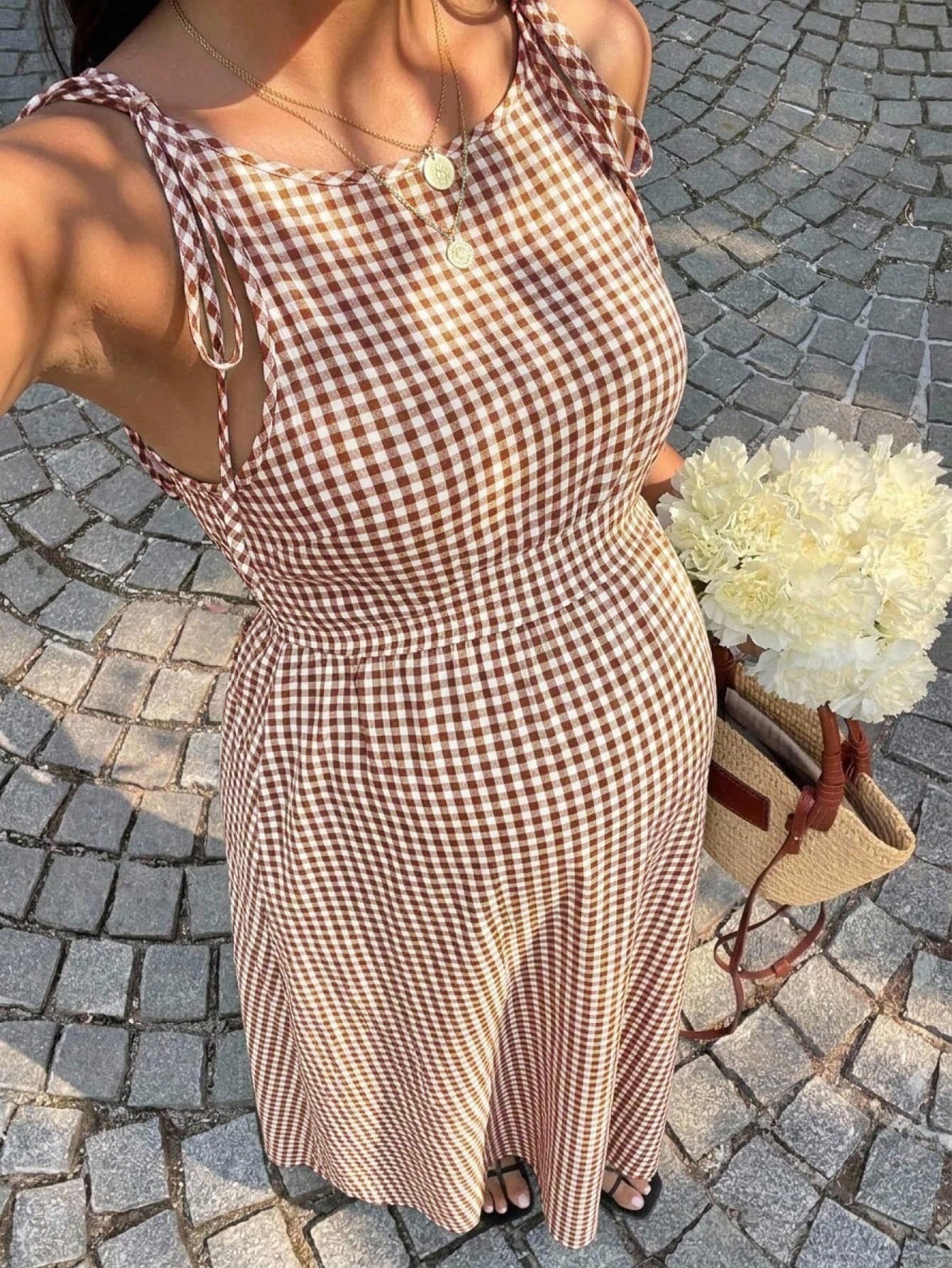 SHEIN Maternity Plaid Shoulder Knot Casual Sleeveless Dress