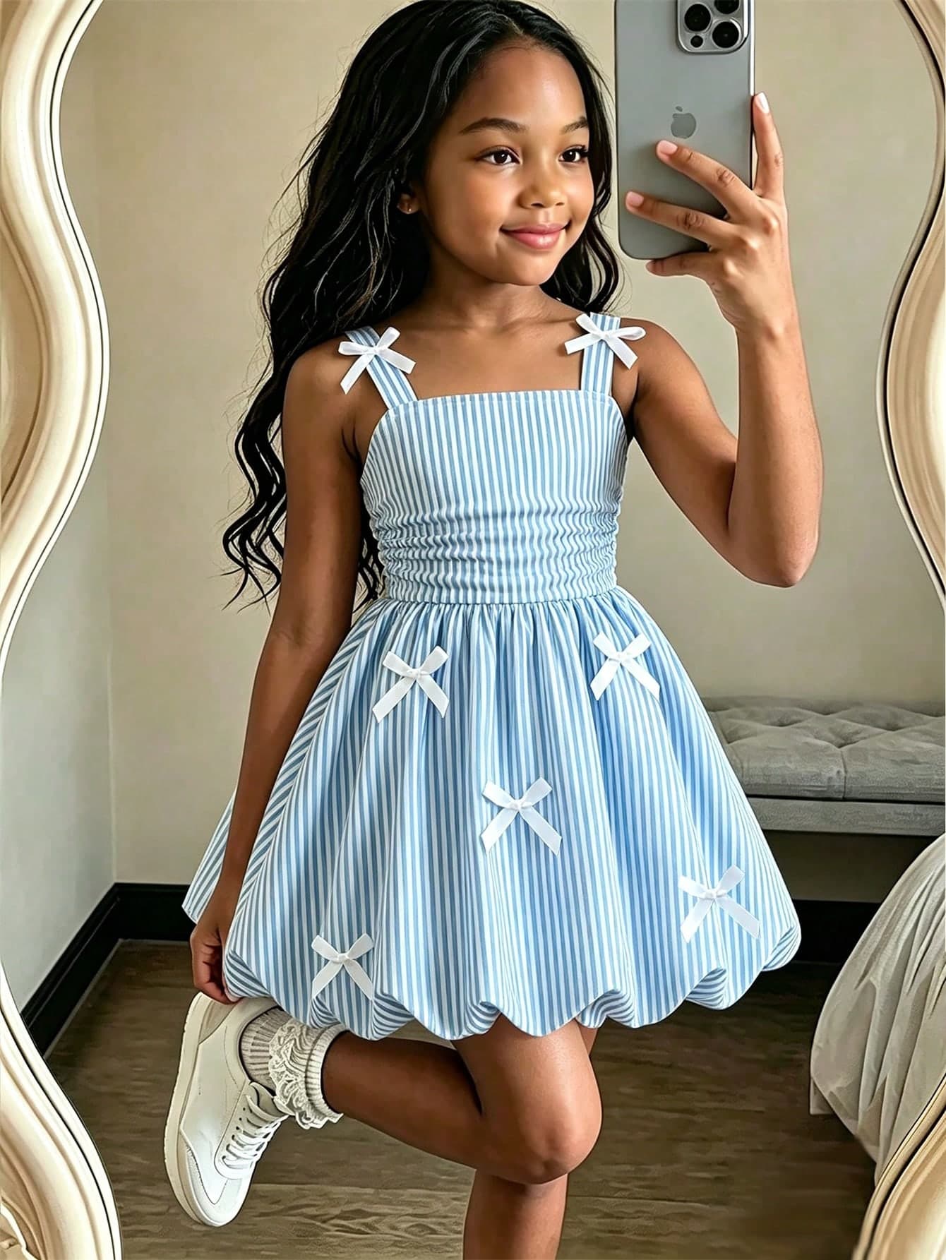 Girls' Sweet Cute White Sleeveless Dress With 3D Bow Decor, Cinched Waist, Lantern Hem, Fresh Summer Casual Vacation Style 7th Birthday