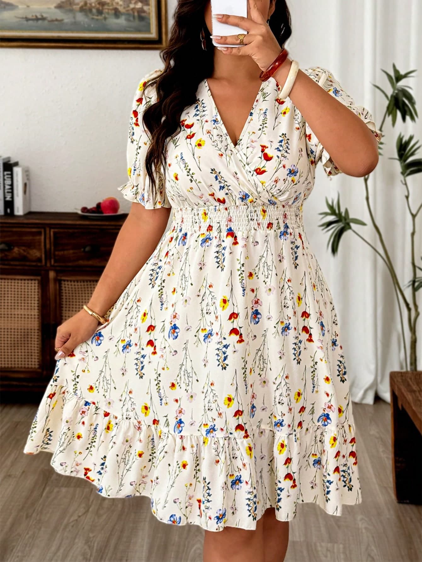 Weeklong Women's Plus Size Criss-Cross Shirred Short Sleeve Shirred Waist Printed Casual Vacation Dress