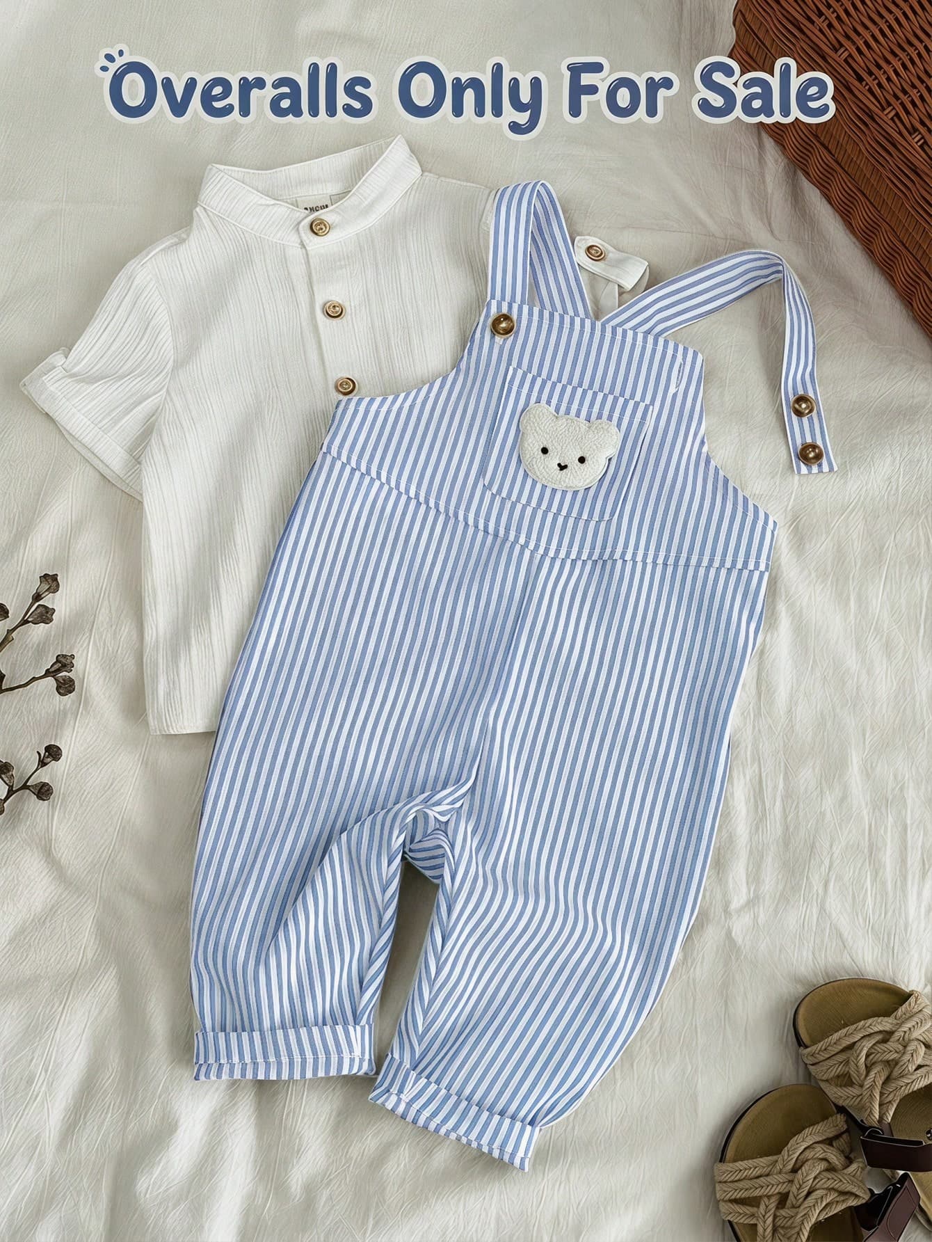 SHEIN Baby Boy/Girl Cute Bear Embroidered Blue White Stripe Bib Pants Jumpsuit,Summer Casual Overalls Outfit Set,Family Matching Comfortable Daily Wear