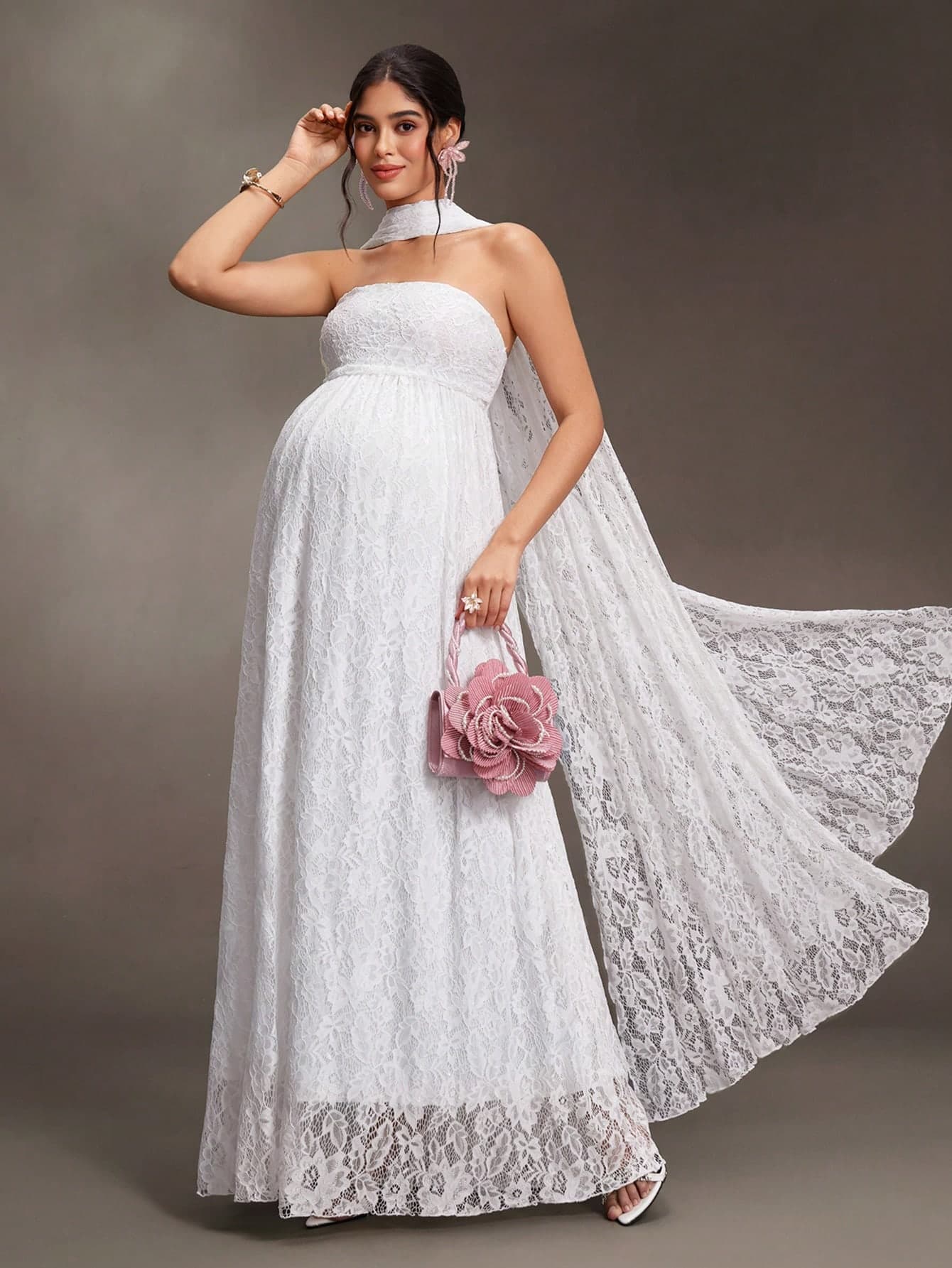 Cheriluna Maternity Maternity White Lace Patchwork Bandeau Shawl Neck Maternity Dress