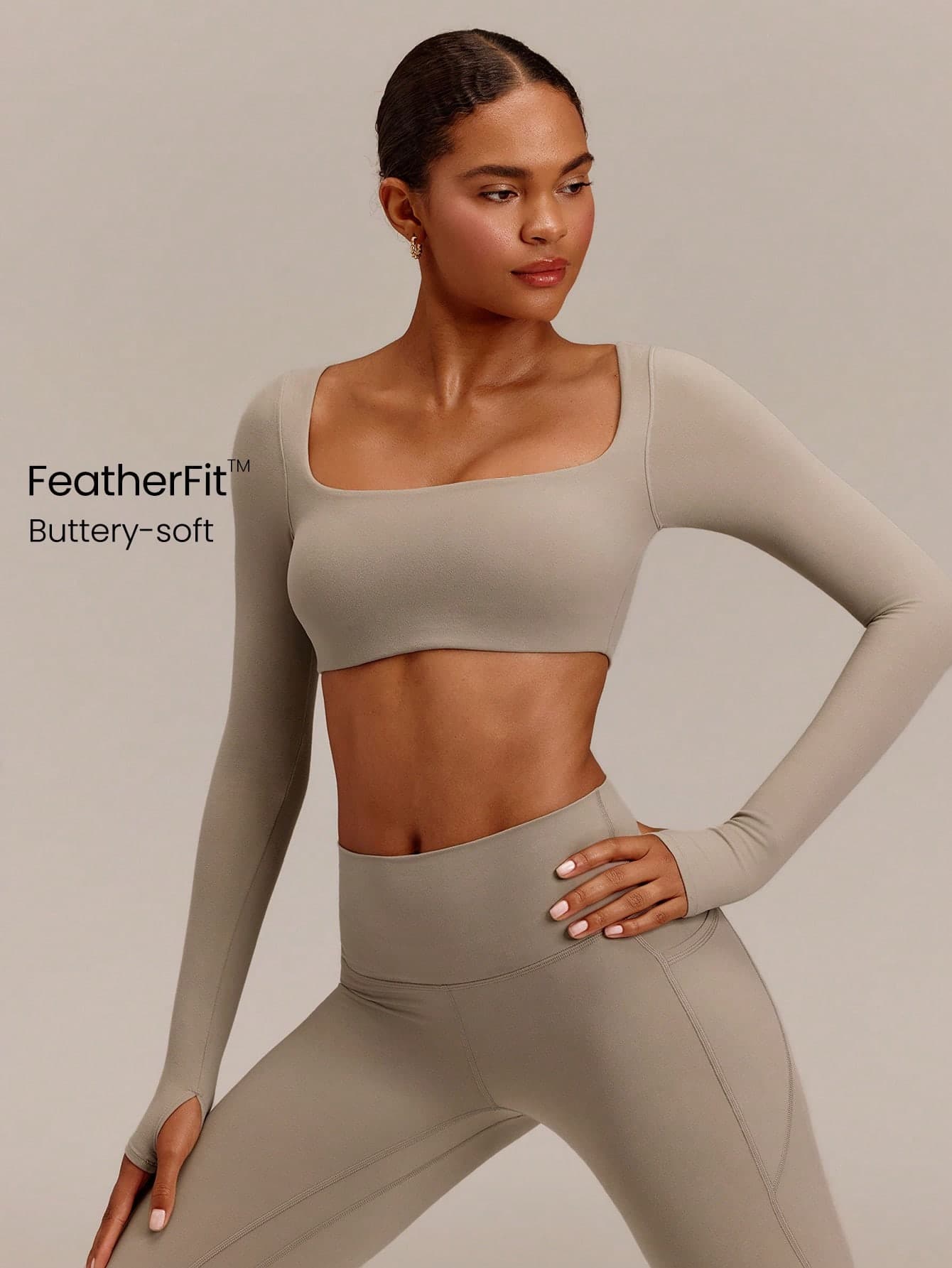 GLOWMODE FeatherFit™ Glow Strong Cropped Slim Fit Low Neckline Long Sleeve Built-In Cups & Thumbholes Low Impact Yoga Pilates Studio Daily Casual