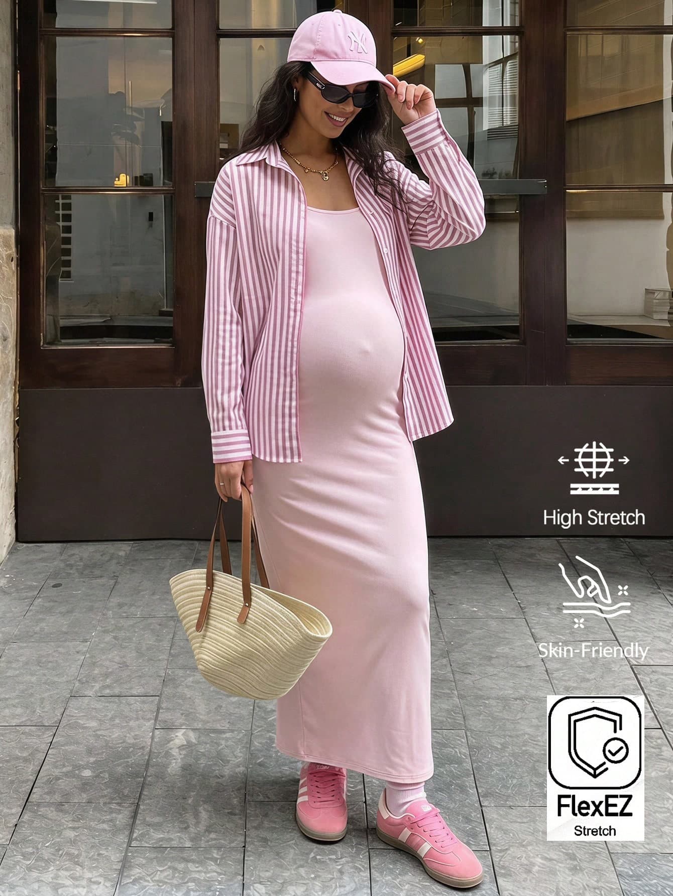 Lyckli Maternity Solid Color Spaghetti Strap Dress And Striped Single-Breasted Long Sleeve Shirt 2 Pieces Set Fall