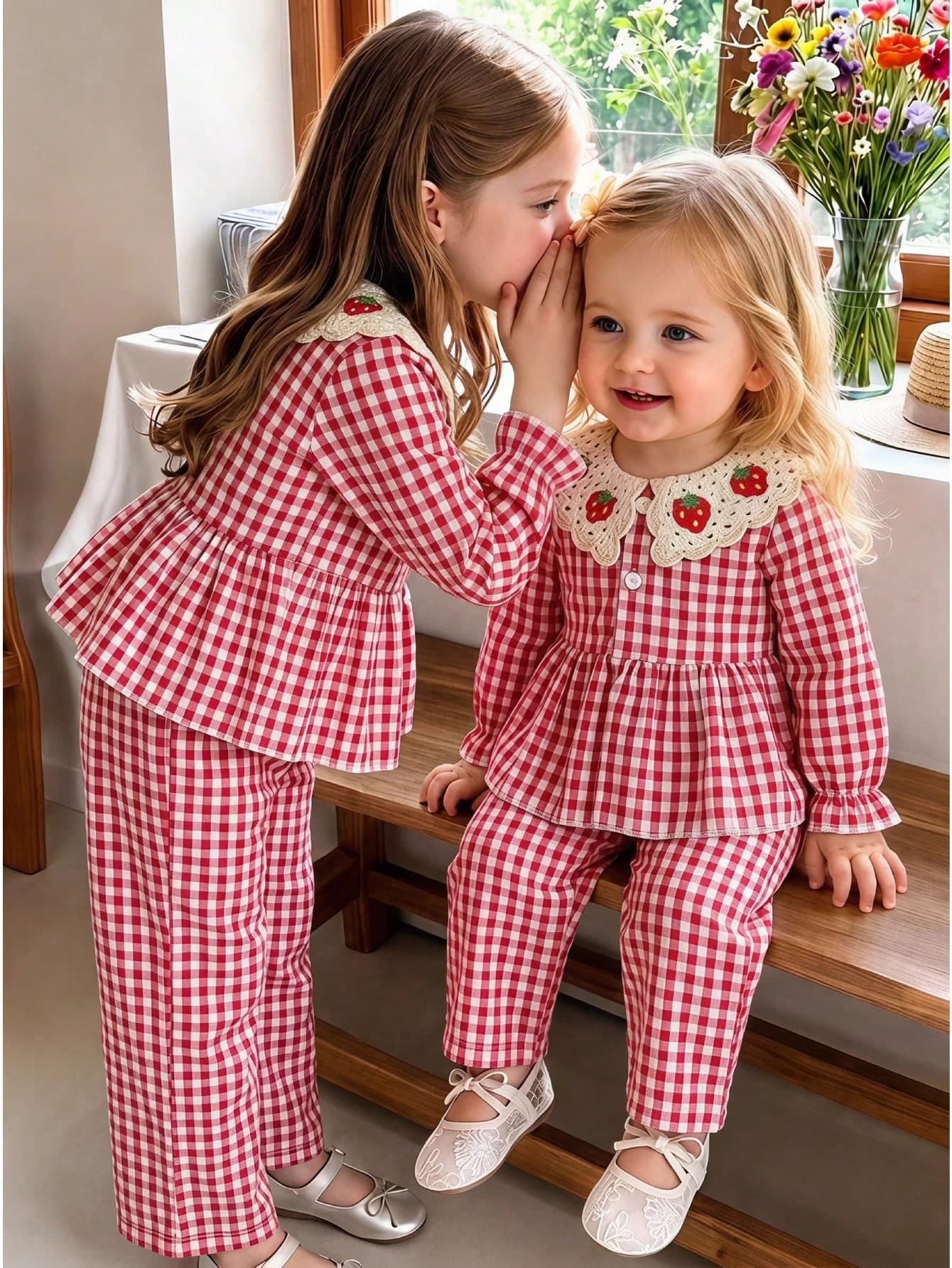 SHEIN Vintaside Kids Baby Girl Strawberry Embroidered Plaid Shirt And Pants Set