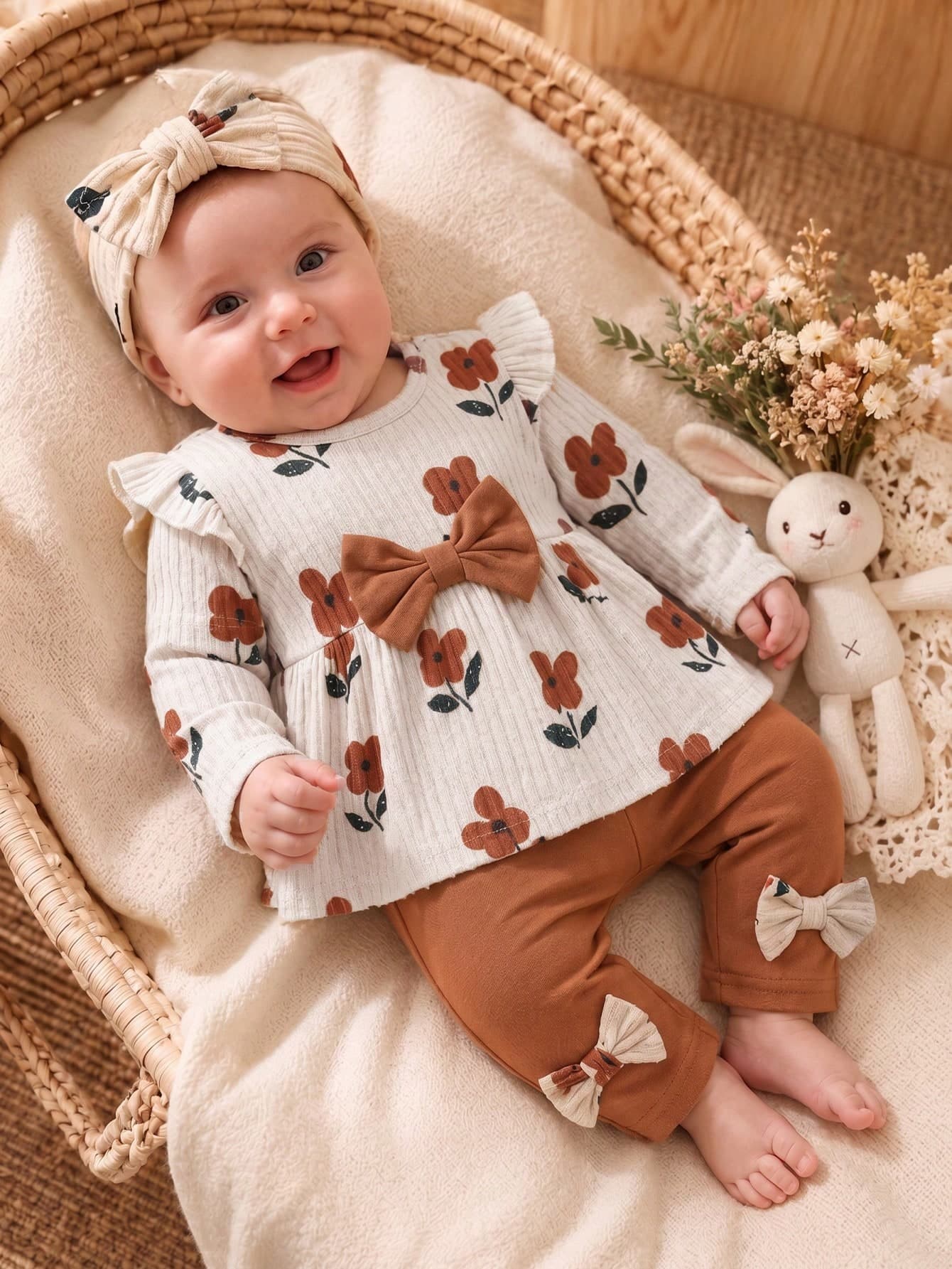 SHEIN Newborn Spring/Autumn Brown Gentle Style Floral Print Brown Bowknot Embellished Knit Petal Sleeve Pullover Top & Bowknot Embellished Brown Slim Fit Long Pants 2-Piece Set, Suitable For Outings, Home, Casual, Sports, Christmas, Parties, Cute Outfit