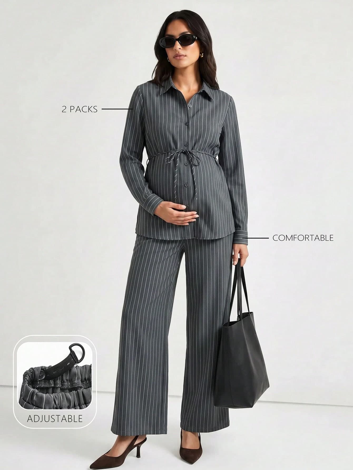 Modmama Maternity Casual Commute Striped Shirt & Long Pants 2 Pieces Set Fall
