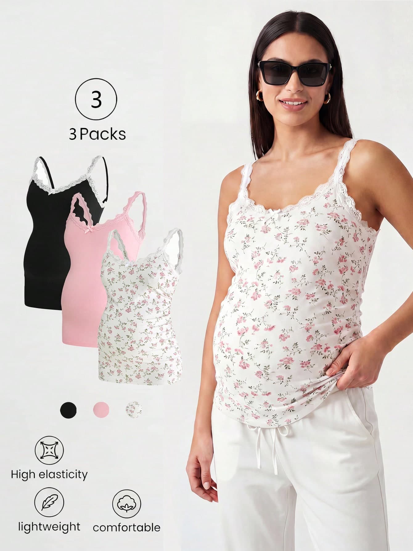 Modmama 3pcs Maternity Solid Color Floral Lace Patchwork Bow Decor Camisole Set Casual Outfits Pink Summer Lounge
