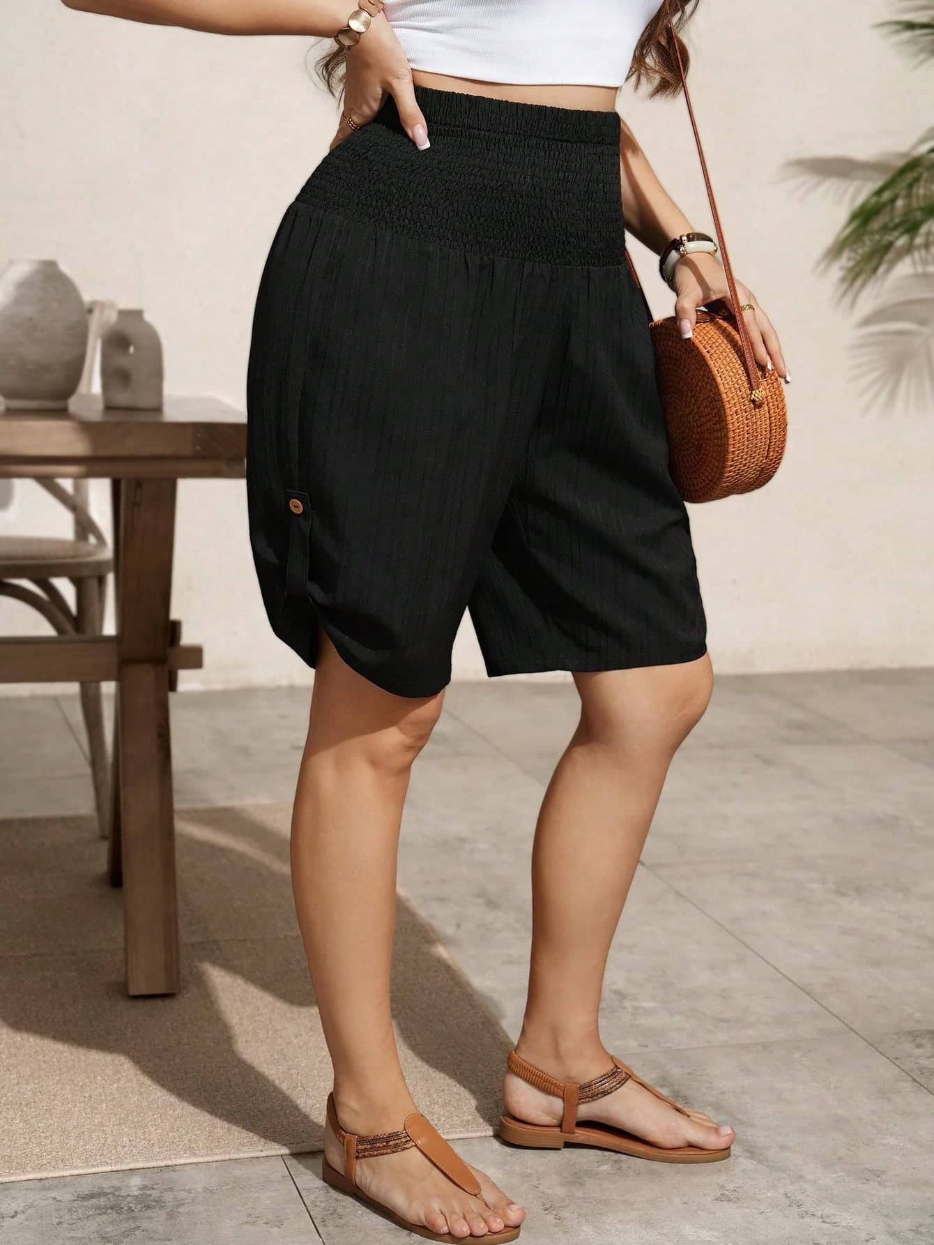Comfylo Plus-Size Women'S Summer Women'S Casual Drawstring Waist 7-Point Pantsbermuda Shorts, High Black Waist In Summer Slimming Versatile Pants Vacation
