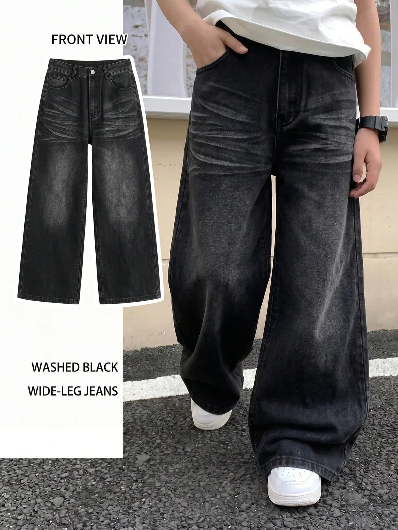 Teen Boy Fashion Casual Ripped Vintage Street Black Loose Jeans For Rave Holiday Outfits Back-To-School Streetwear